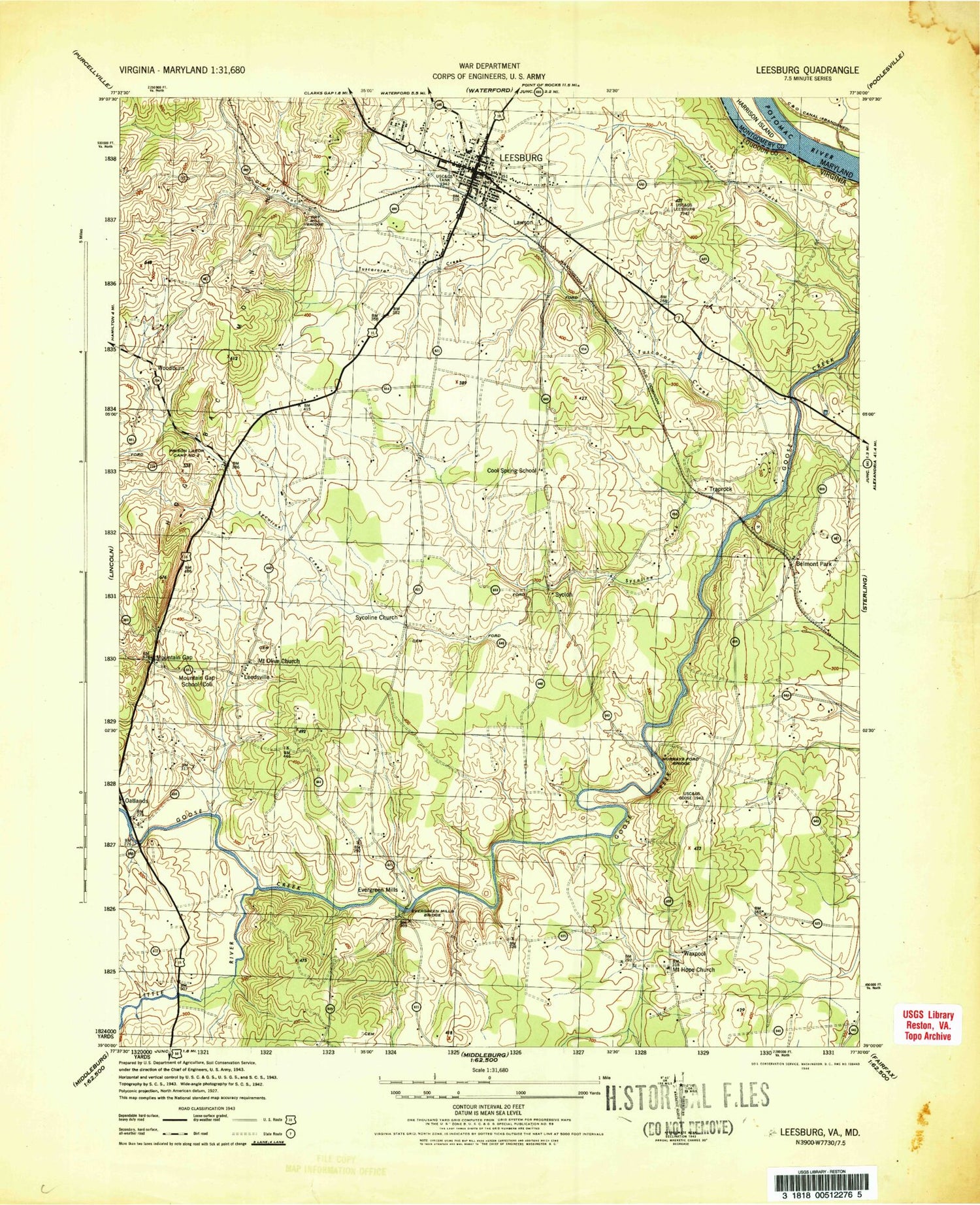 Classic USGS Leesburg Virginia 7.5'x7.5' Topo Map Image