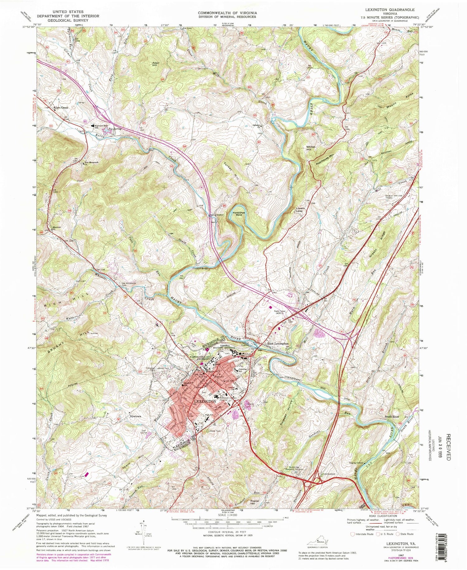 Classic USGS Lexington Virginia 7.5'x7.5' Topo Map Image
