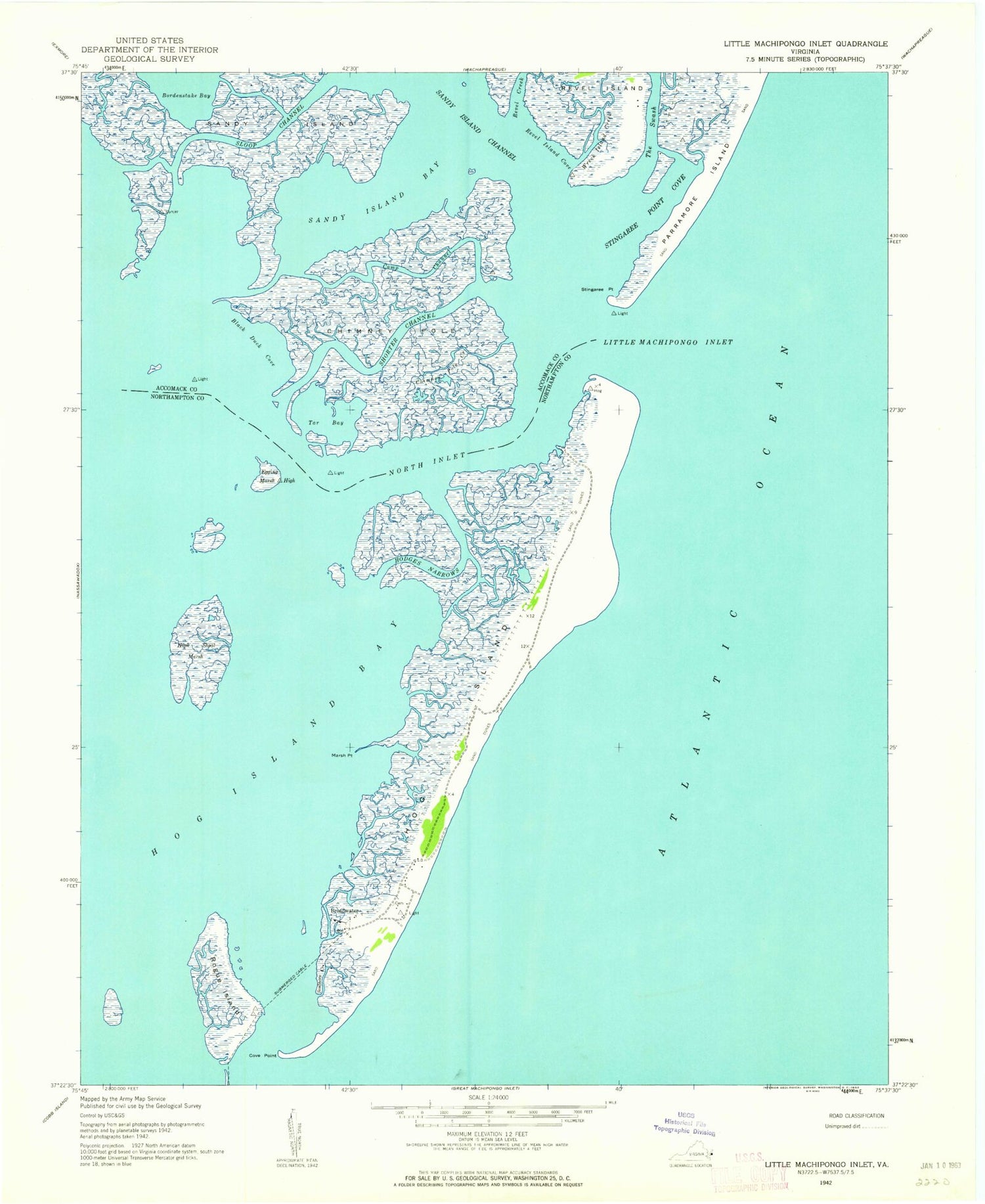 Classic USGS Quinby Inlet Virginia 7.5'x7.5' Topo Map Image