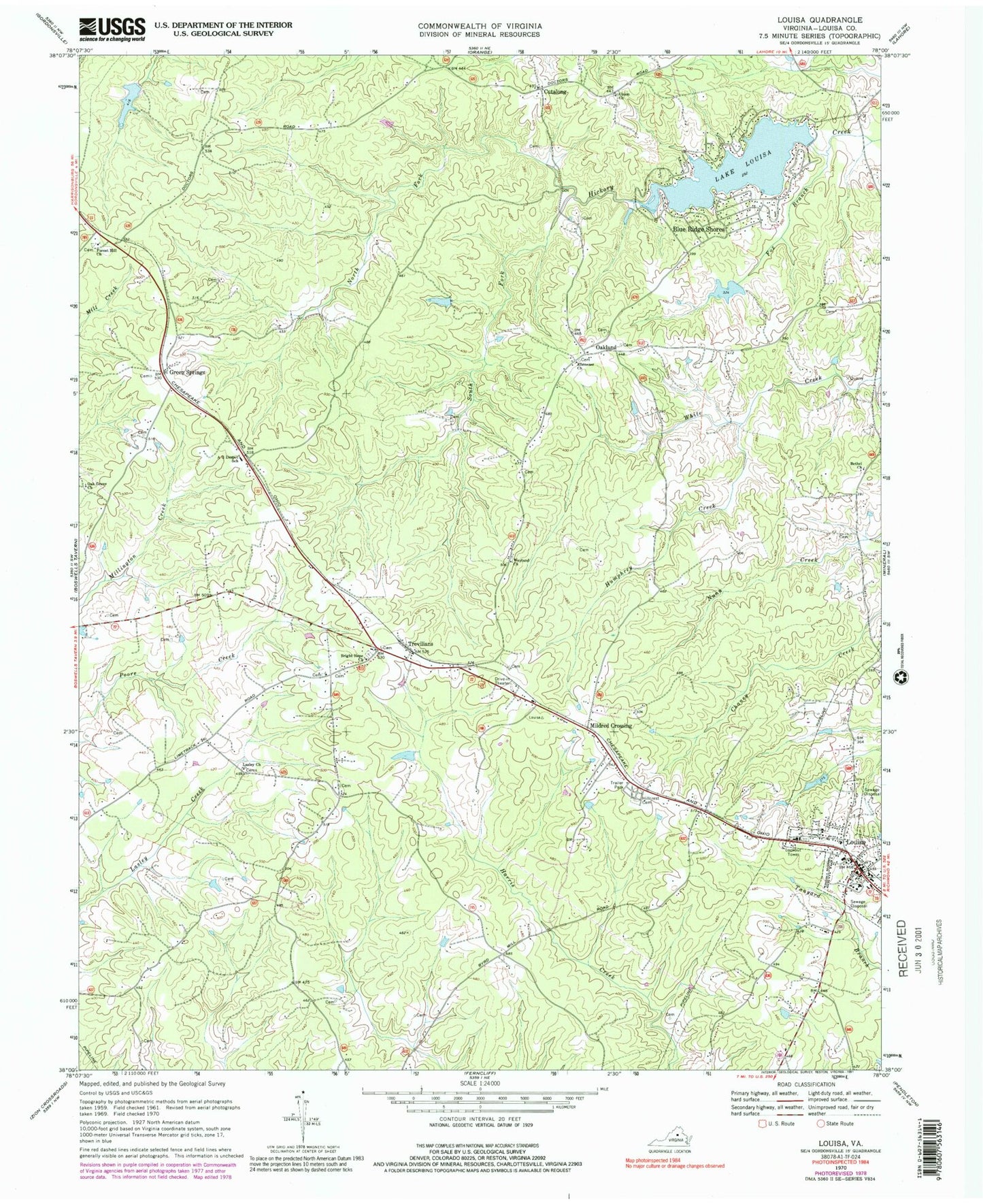 Classic USGS Louisa Virginia 7.5'x7.5' Topo Map Image