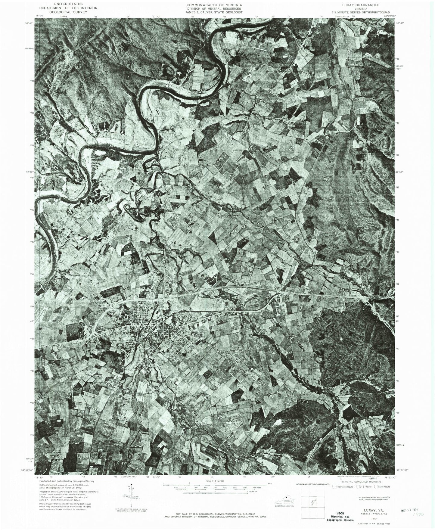 Classic USGS Luray Virginia 7.5'x7.5' Topo Map Image