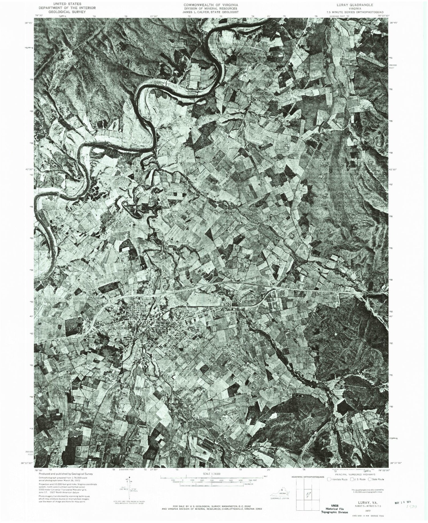 Classic USGS Luray Virginia 7.5'x7.5' Topo Map Image