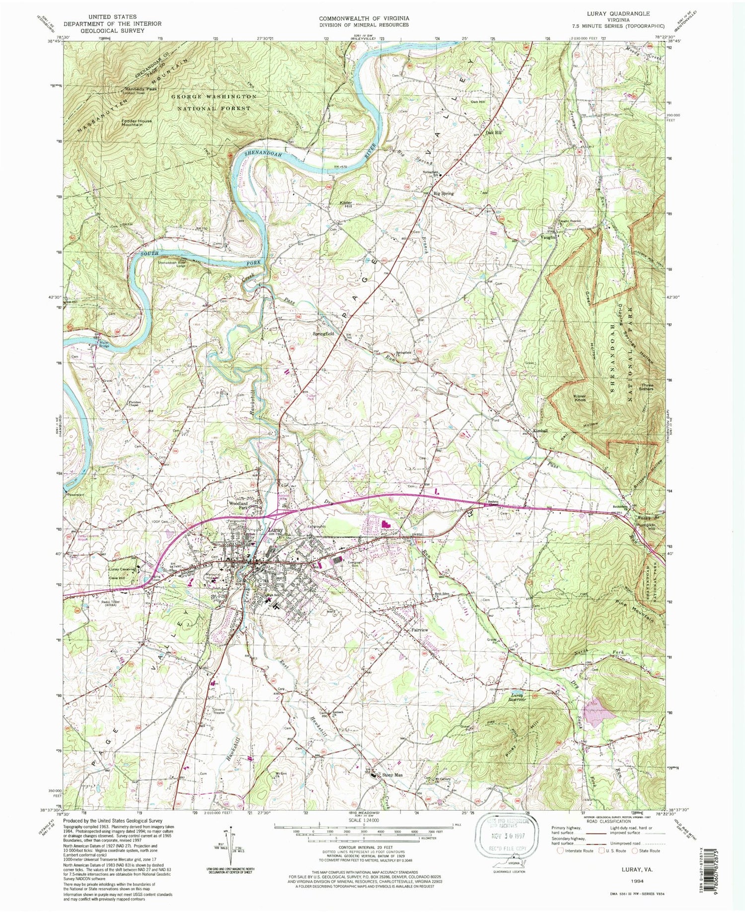 Classic USGS Luray Virginia 7.5'x7.5' Topo Map Image