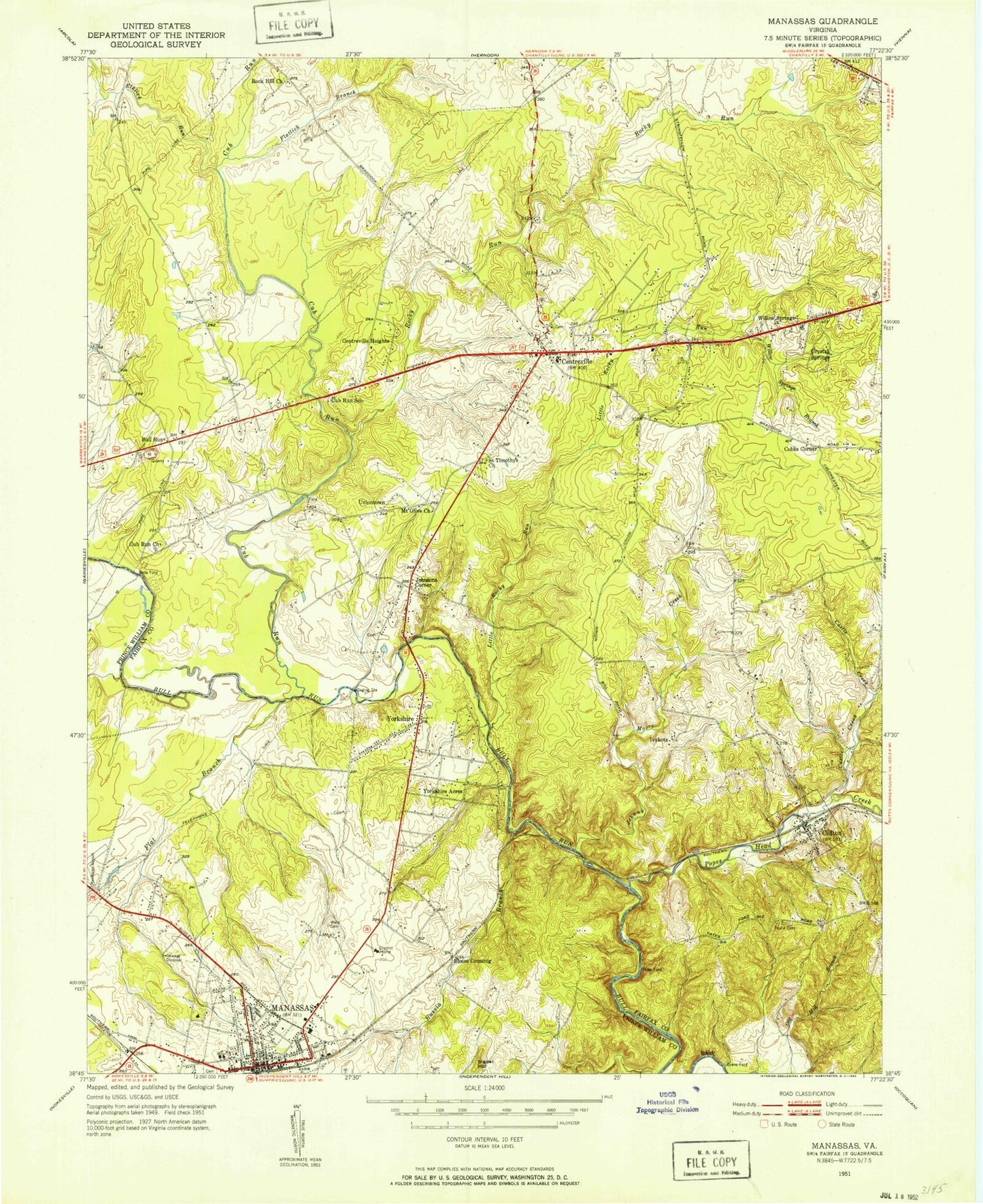 Classic USGS Manassas Virginia 7.5'x7.5' Topo Map Image