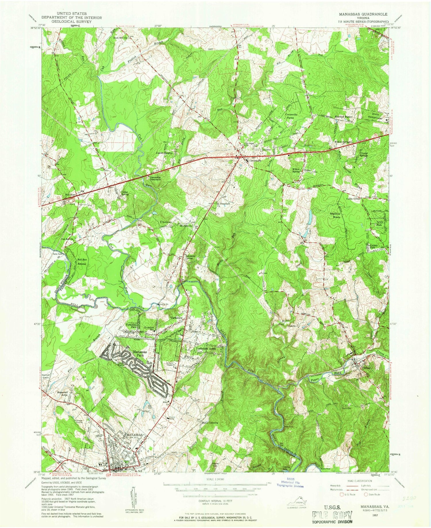 Classic USGS Manassas Virginia 7.5'x7.5' Topo Map Image