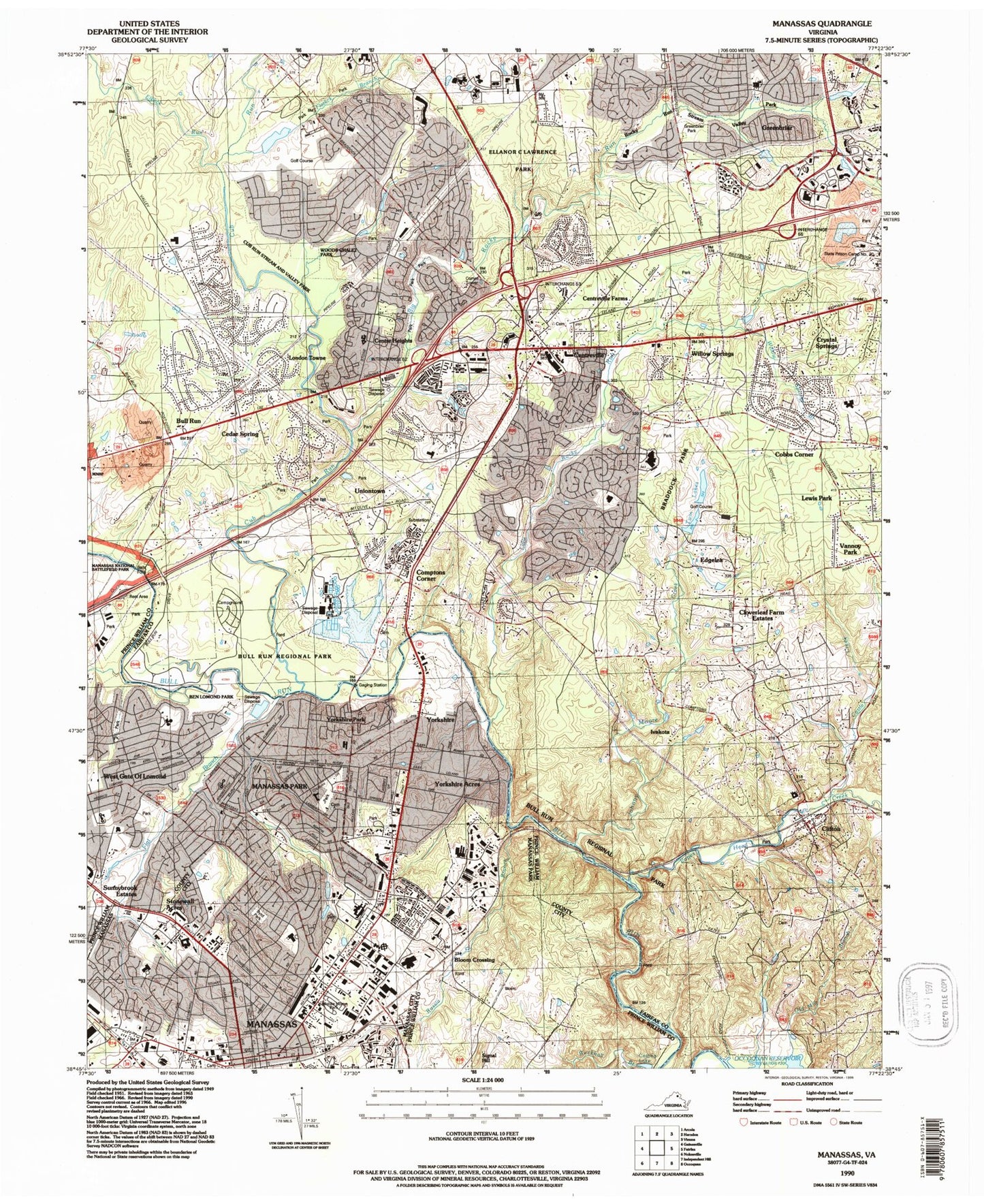 Classic USGS Manassas Virginia 7.5'x7.5' Topo Map Image