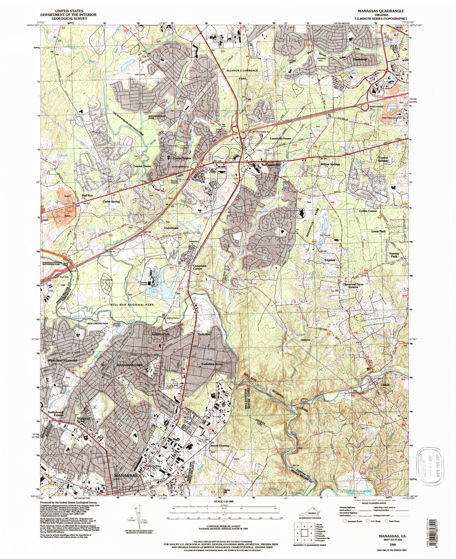 Classic USGS Manassas Virginia 7.5'x7.5' Topo Map Image