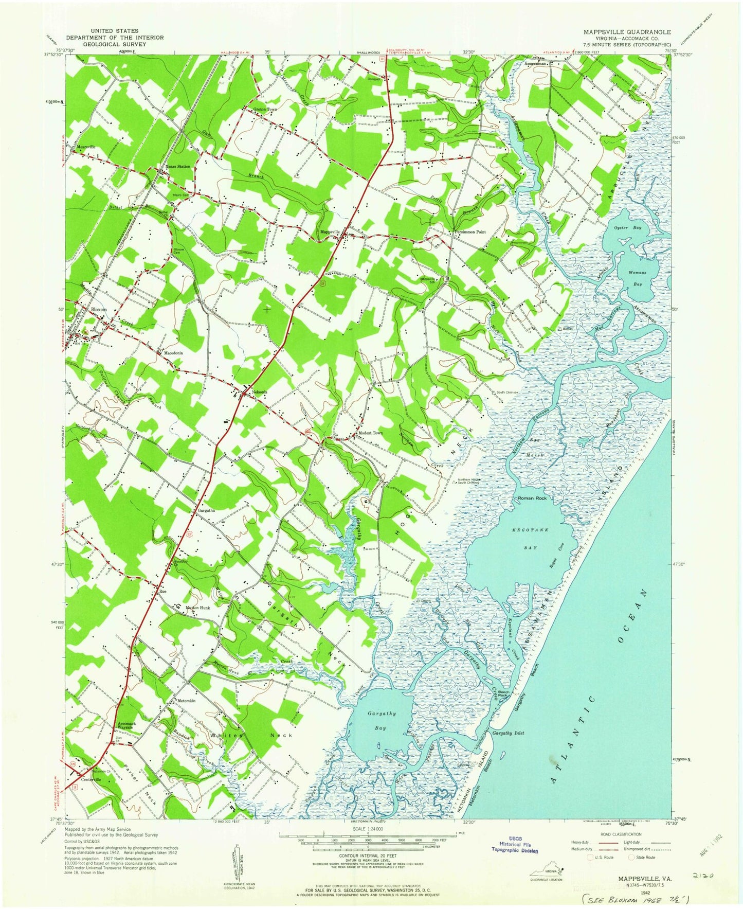 Classic USGS Bloxom Virginia 7.5'x7.5' Topo Map Image