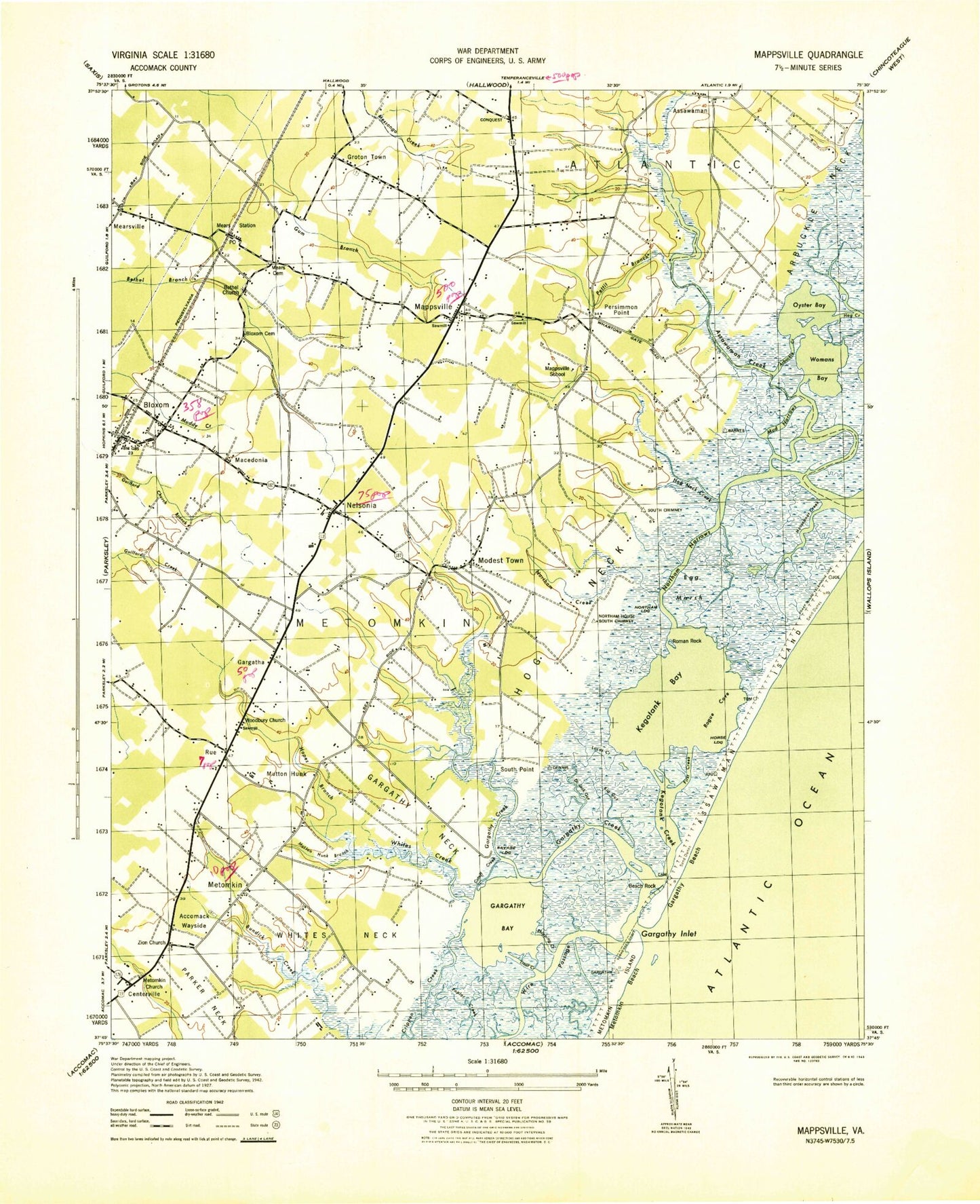 Classic USGS Bloxom Virginia 7.5'x7.5' Topo Map Image