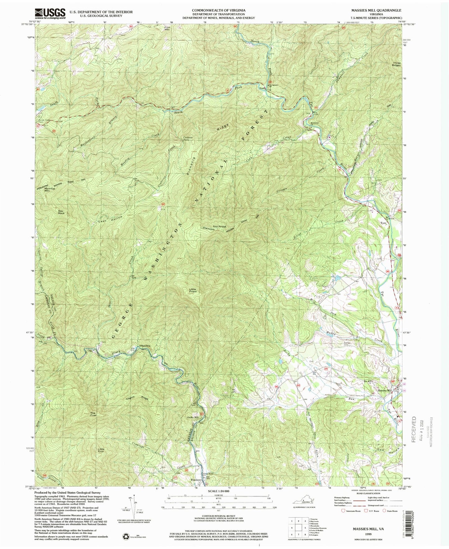 Classic USGS Massies Mill Virginia 7.5'x7.5' Topo Map Image