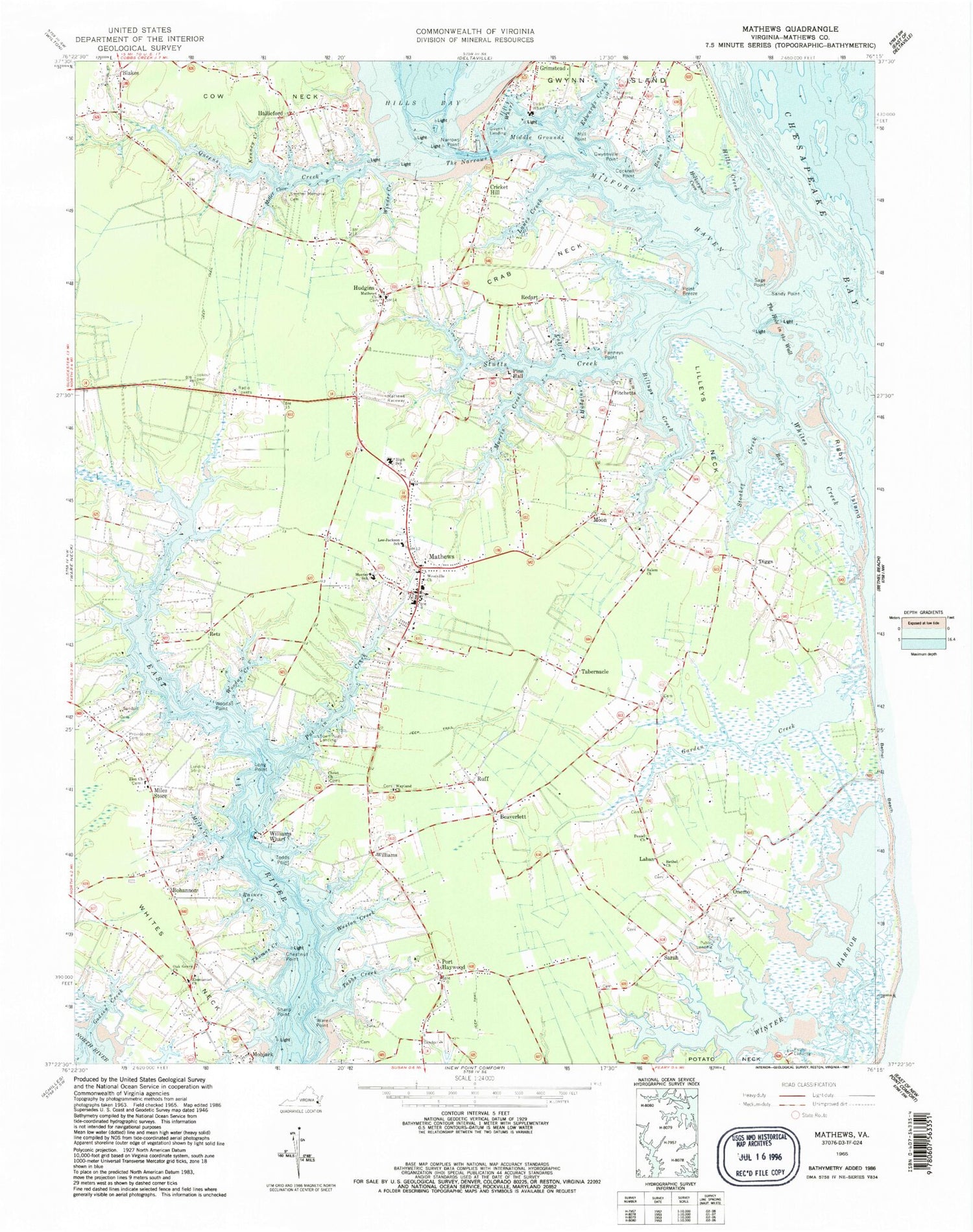 Classic USGS Mathews Virginia 7.5'x7.5' Topo Map Image