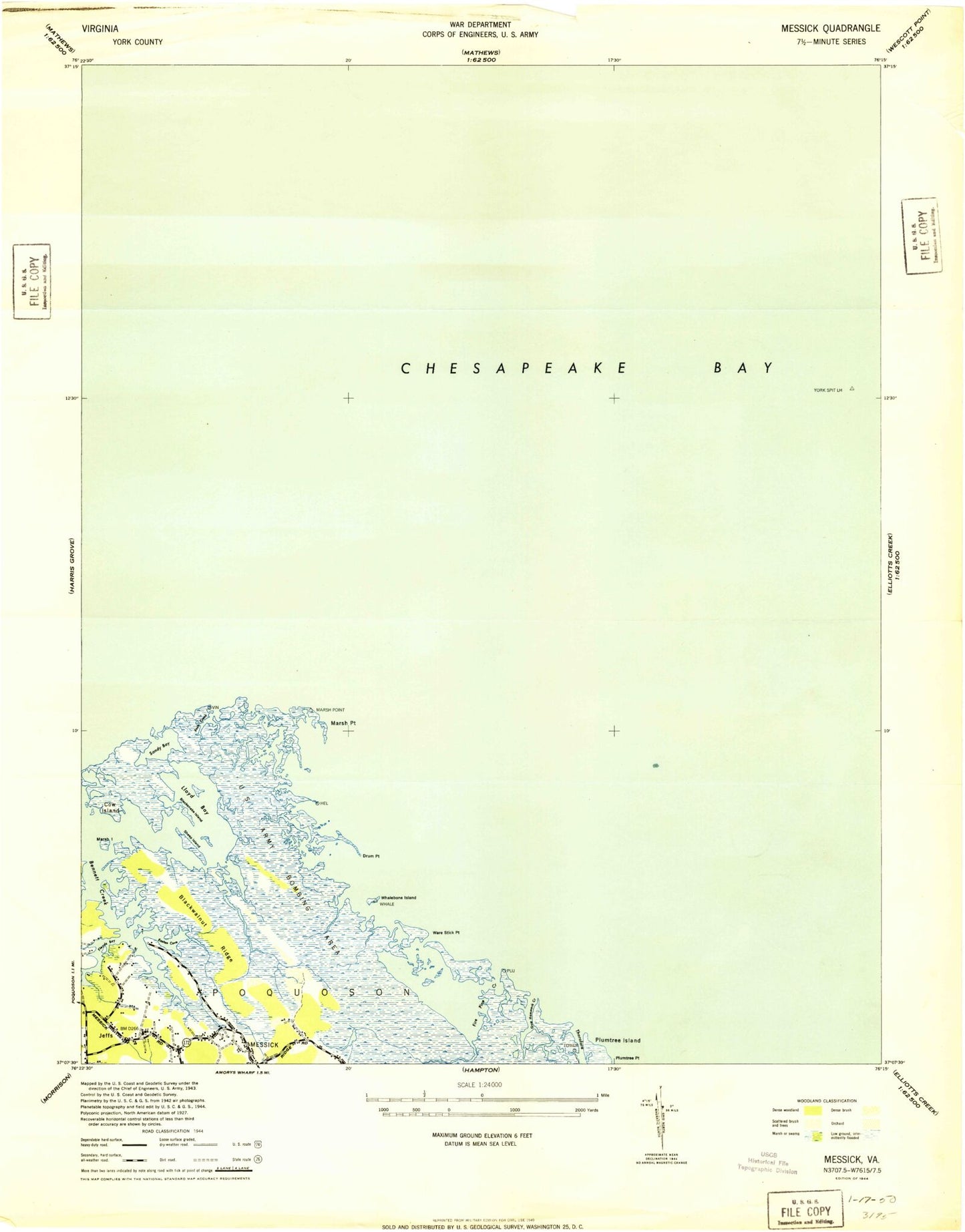 Classic USGS Poquoson East Virginia 7.5'x7.5' Topo Map Image