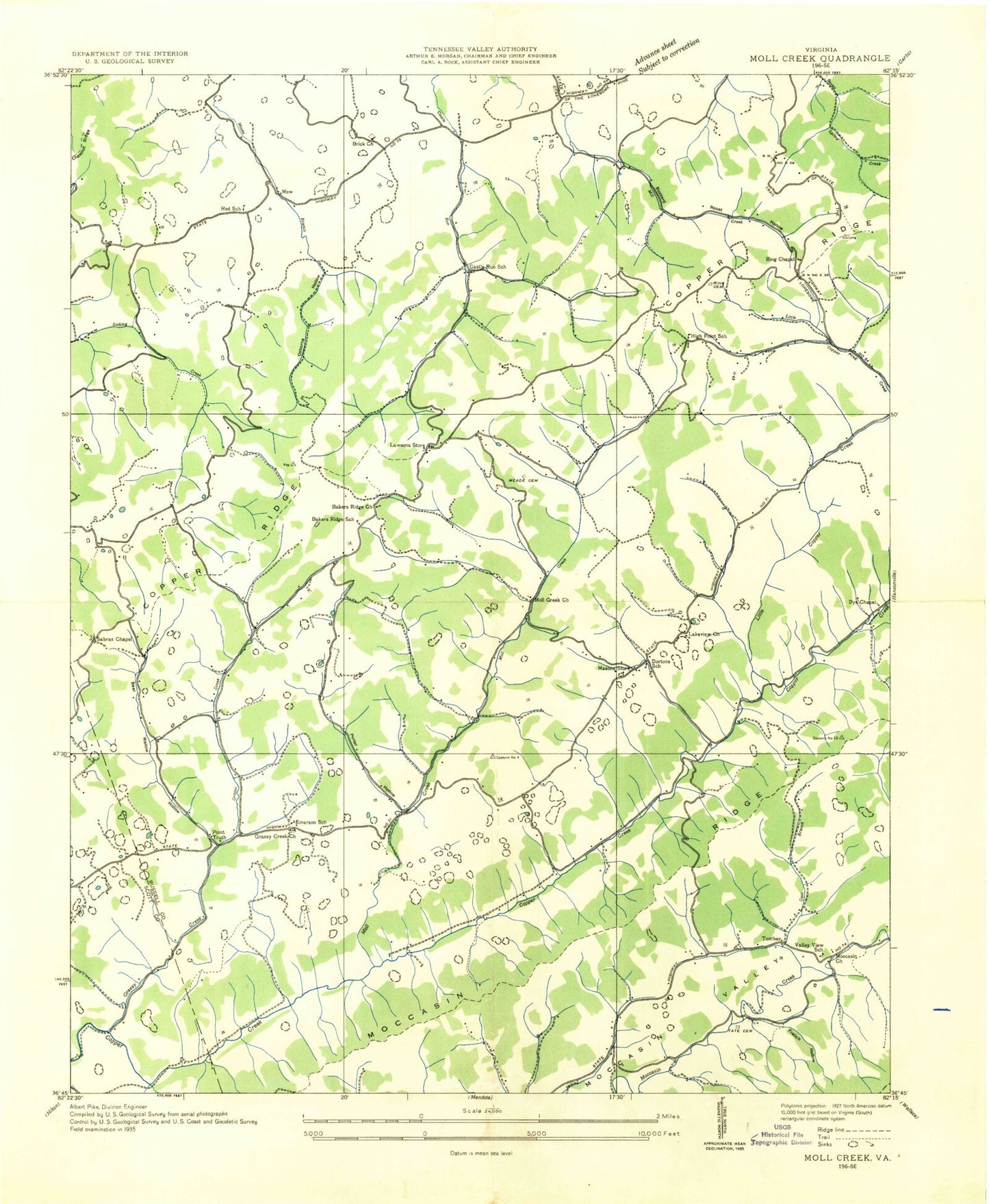 Classic USGS Moll Creek Virginia 7.5'x7.5' Topo Map Image