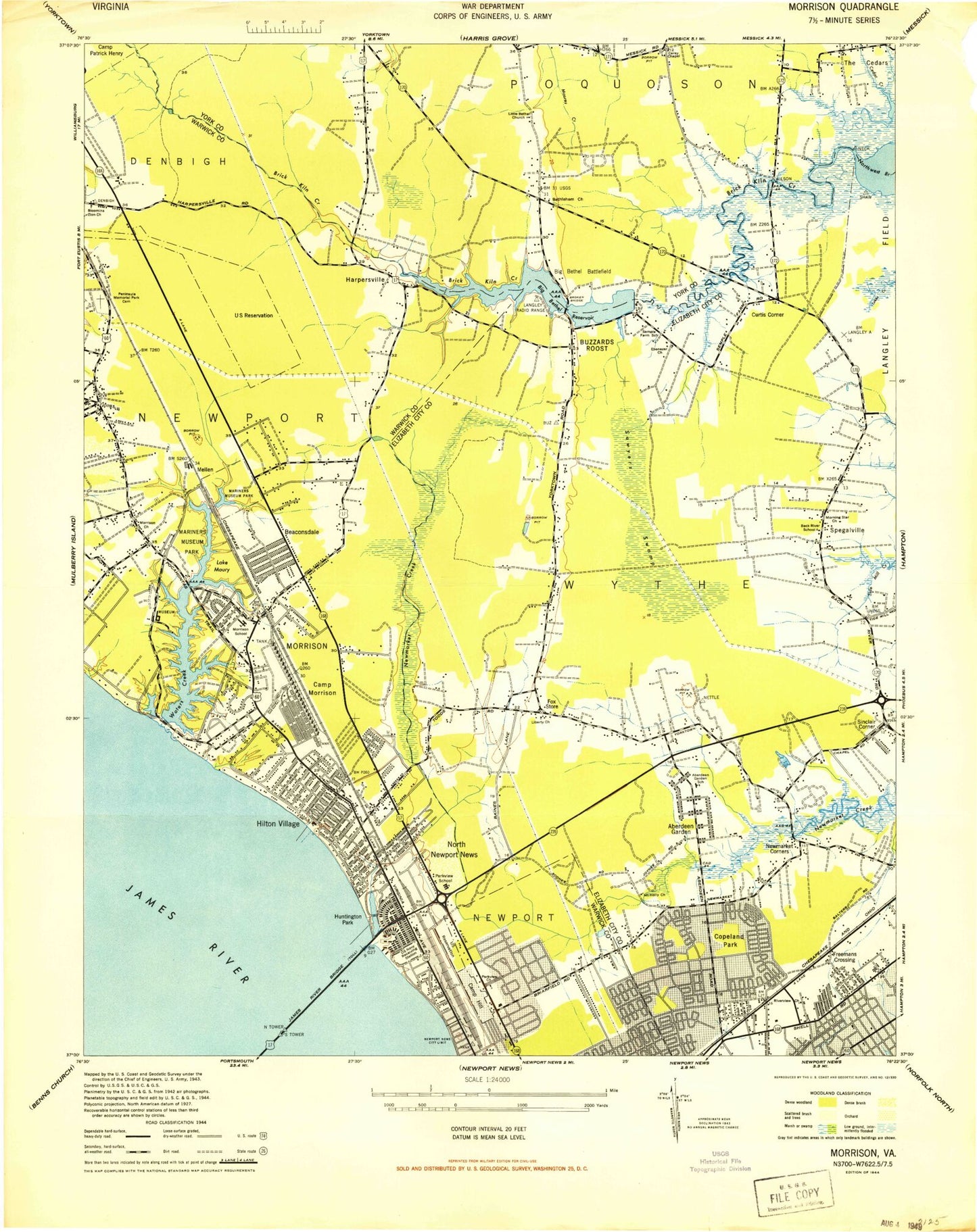 Classic USGS Newport News North Virginia 7.5'x7.5' Topo Map Image