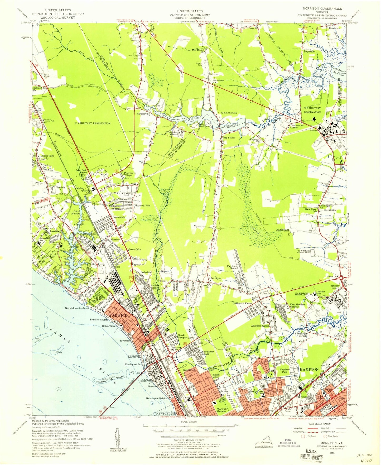 Classic USGS Newport News North Virginia 7.5'x7.5' Topo Map Image