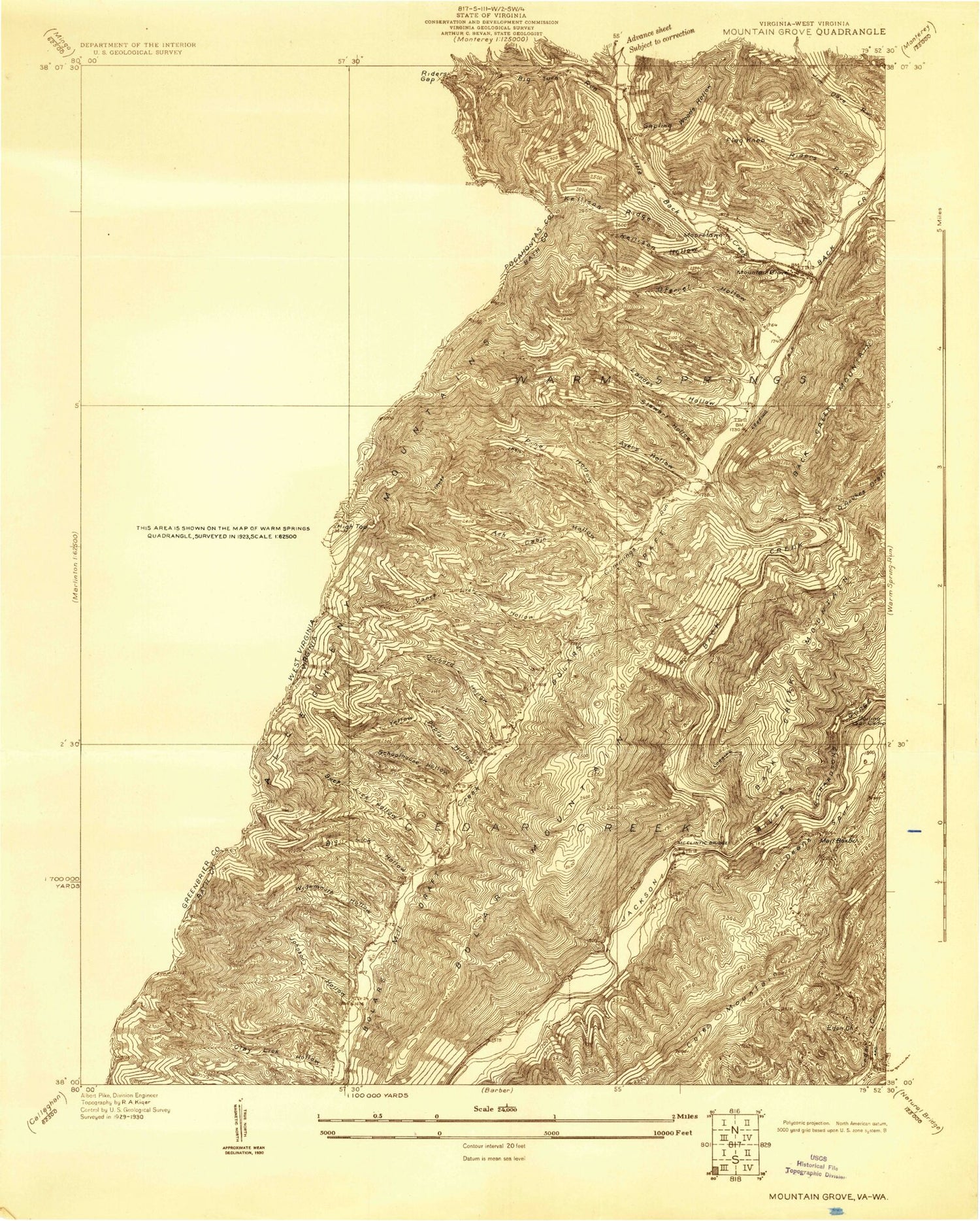 Classic USGS Mountain Grove Virginia 7.5'x7.5' Topo Map Image