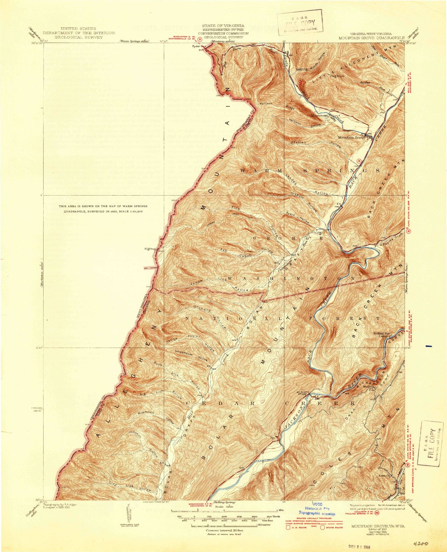 Classic USGS Mountain Grove Virginia 7.5'x7.5' Topo Map Image
