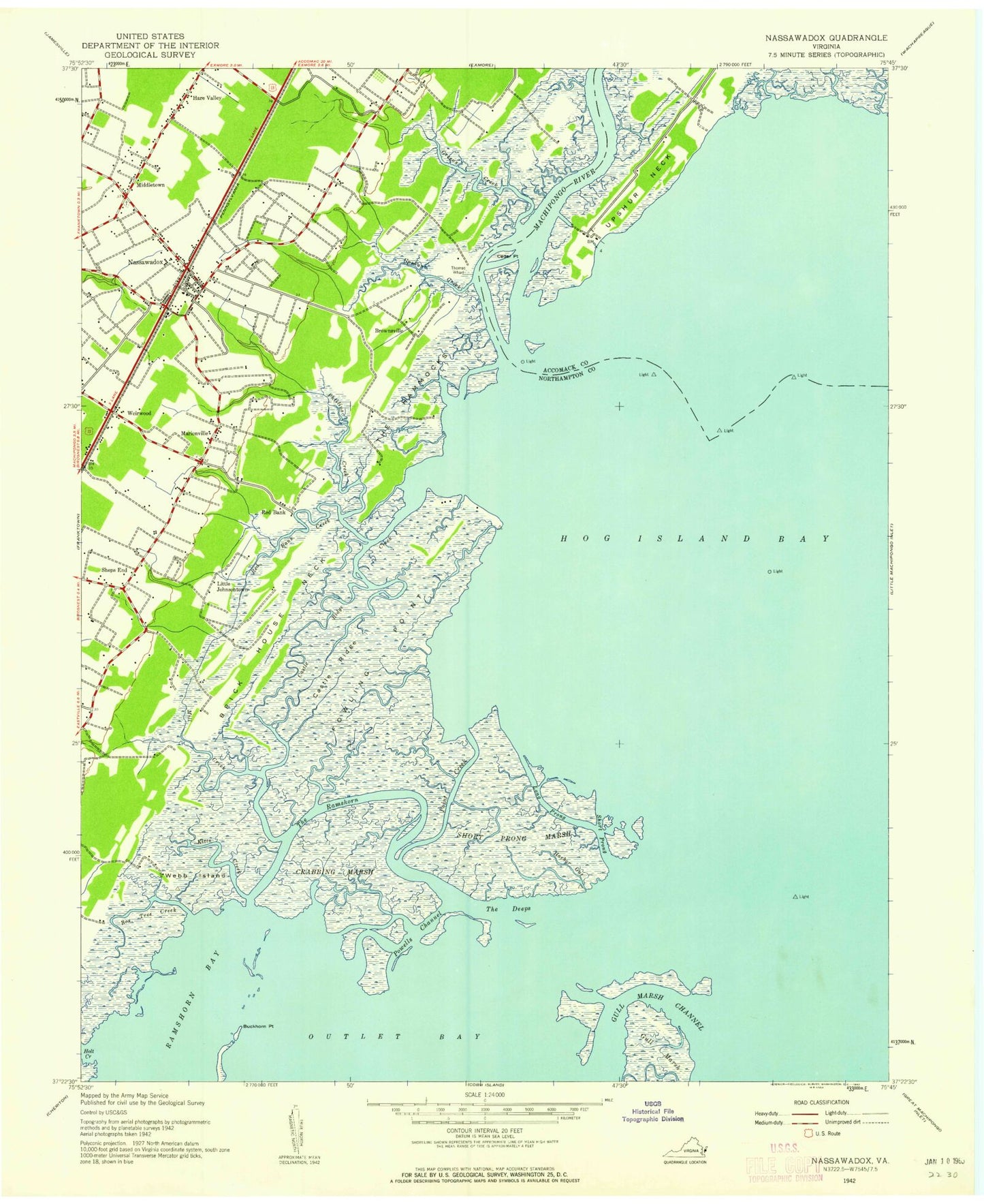 Classic USGS Nassawadox Virginia 7.5'x7.5' Topo Map Image