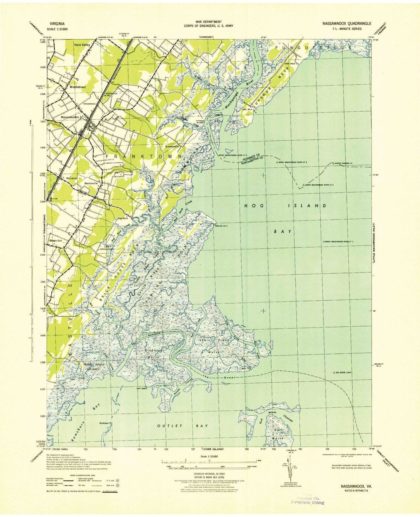 Classic USGS Nassawadox Virginia 7.5'x7.5' Topo Map Image