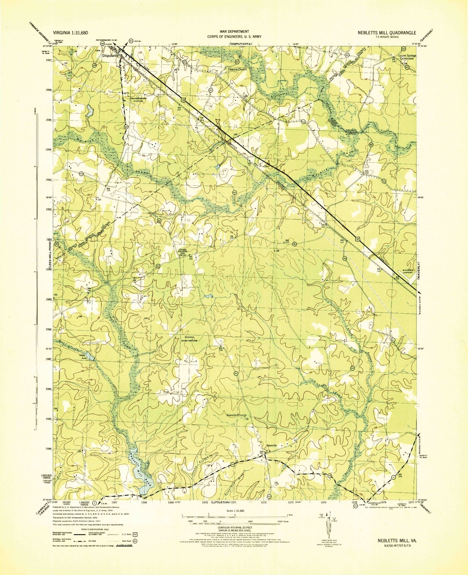 Classic USGS Disputanta South Virginia 7.5'x7.5' Topo Map Image
