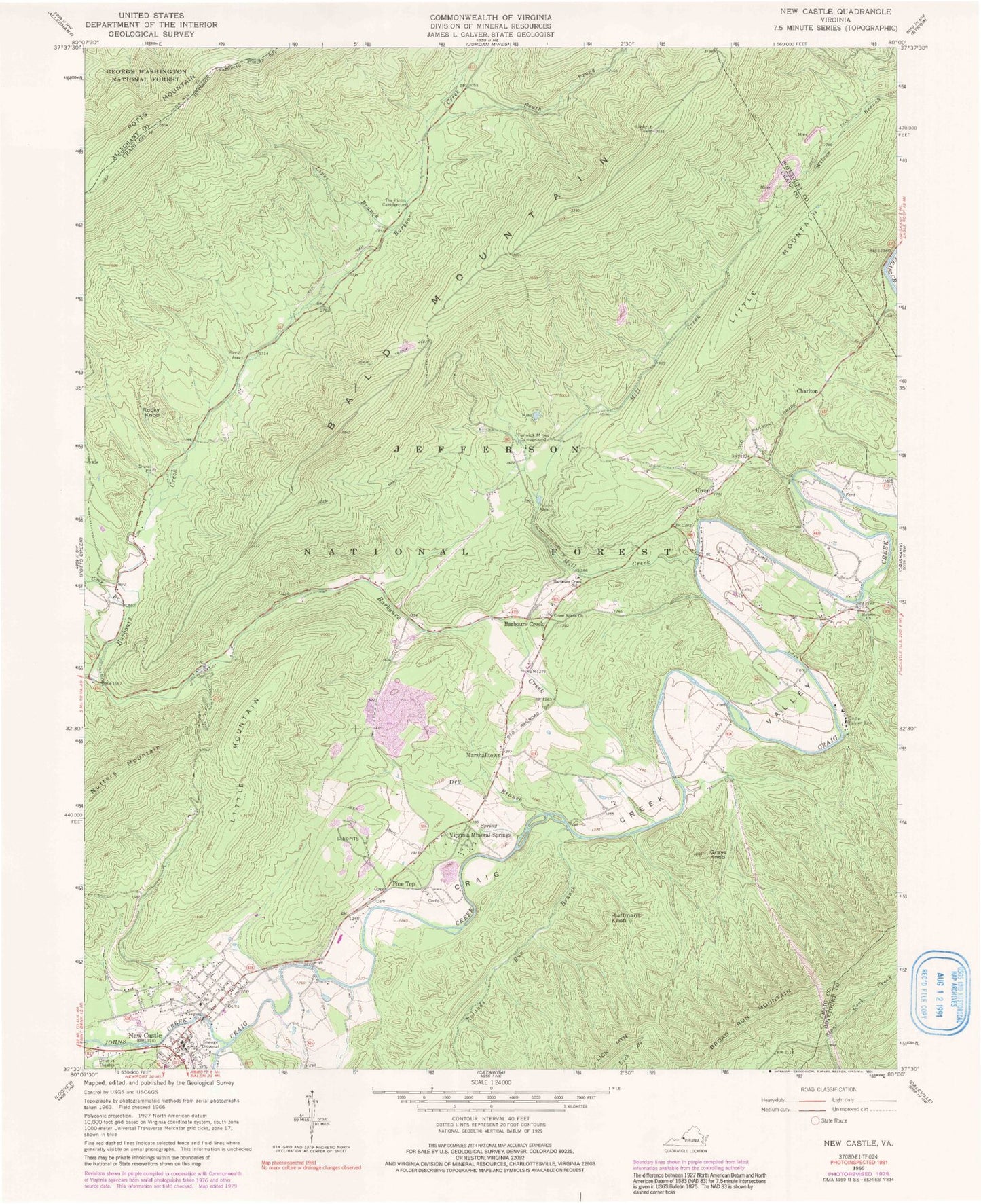Classic USGS New Castle Virginia 7.5'x7.5' Topo Map Image