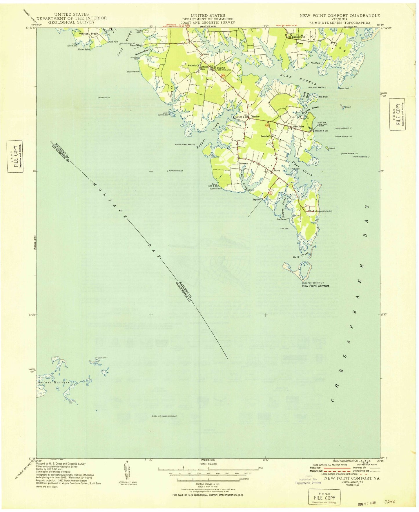 Classic USGS New Point Comfort Virginia 7.5'x7.5' Topo Map Image