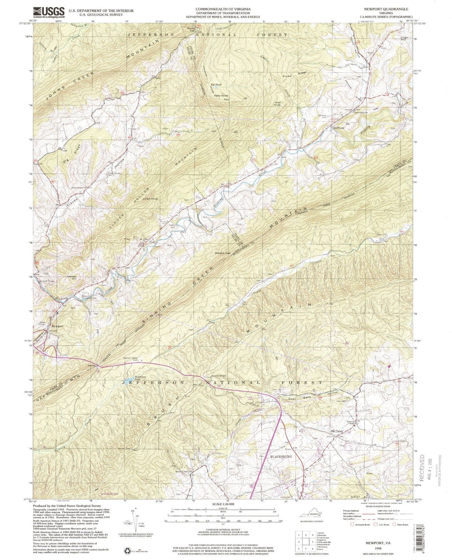 Classic USGS Newport Virginia 7.5'x7.5' Topo Map Image