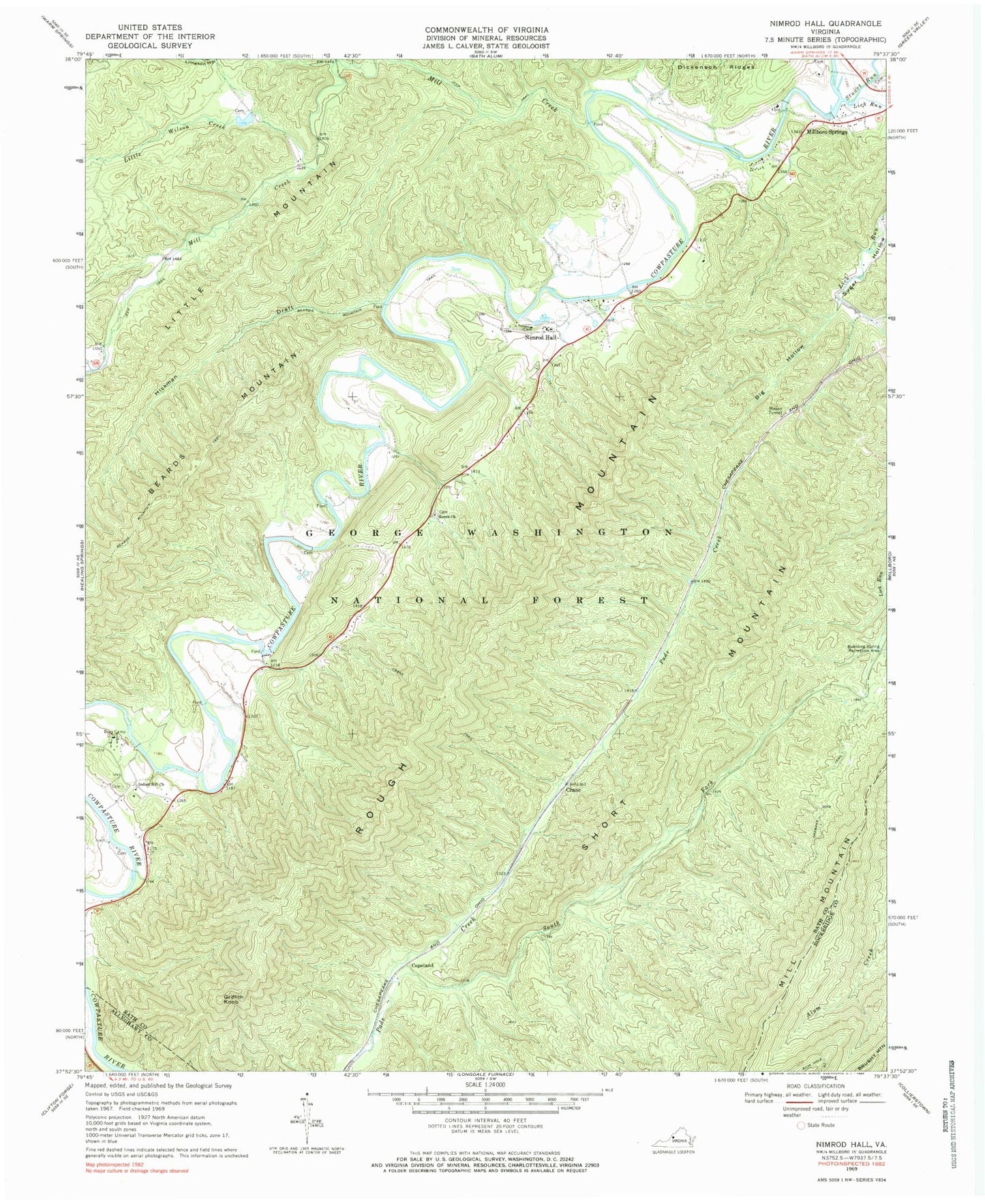 Classic USGS Nimrod Hall Virginia 7.5'x7.5' Topo Map Image