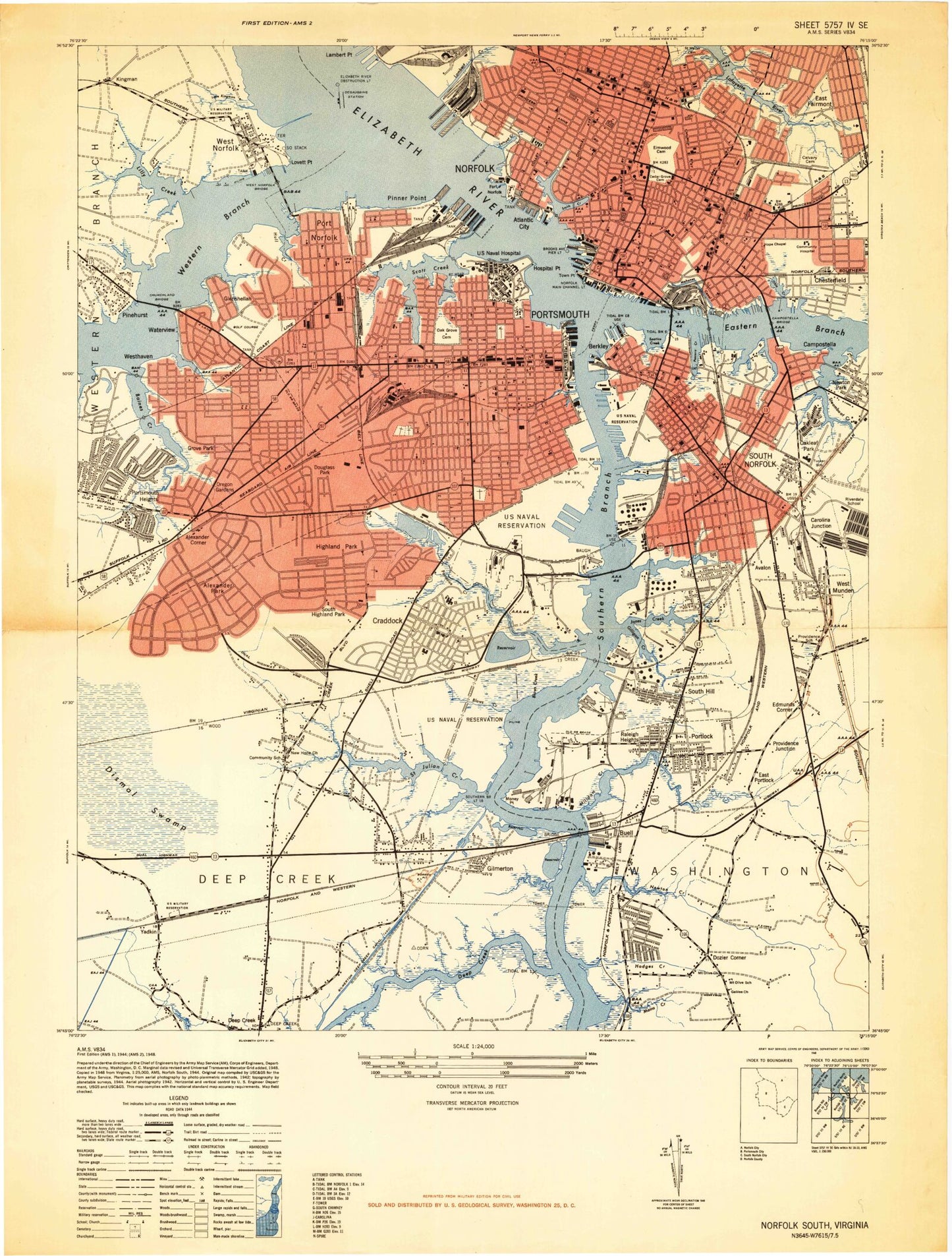 Classic USGS Norfolk South Virginia 7.5'x7.5' Topo Map Image