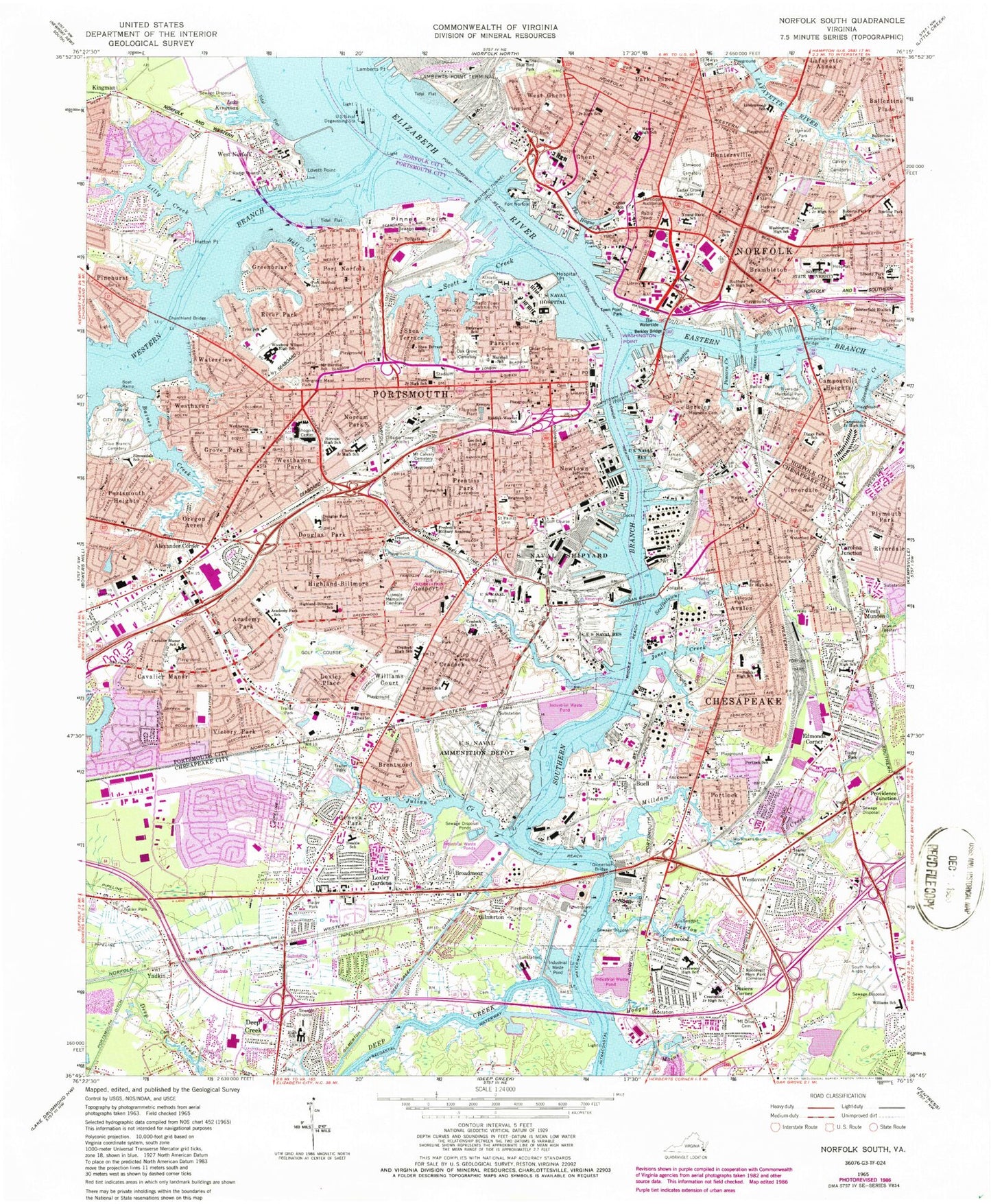 Classic USGS Norfolk South Virginia 7.5'x7.5' Topo Map Image