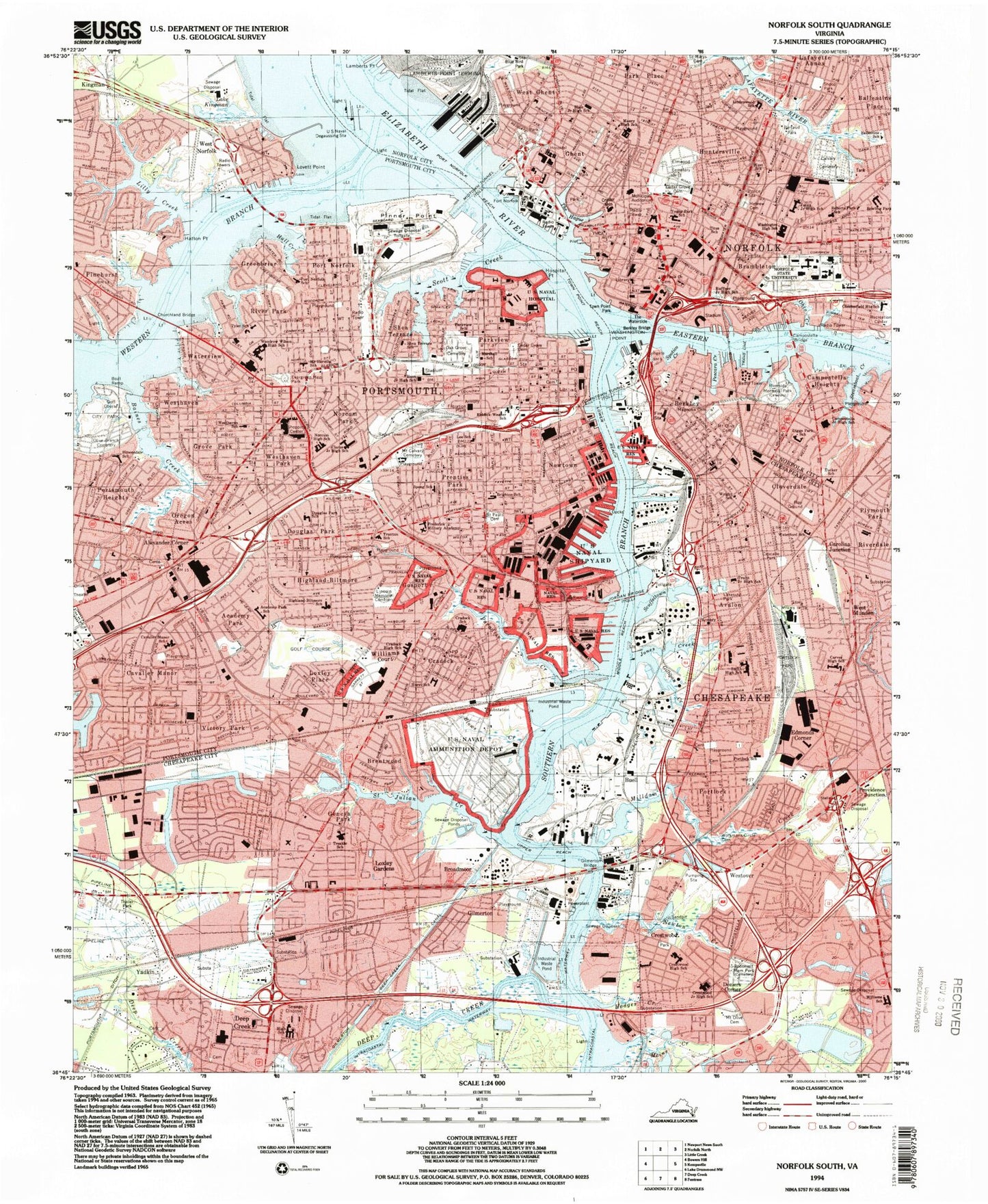 Classic USGS Norfolk South Virginia 7.5'x7.5' Topo Map Image