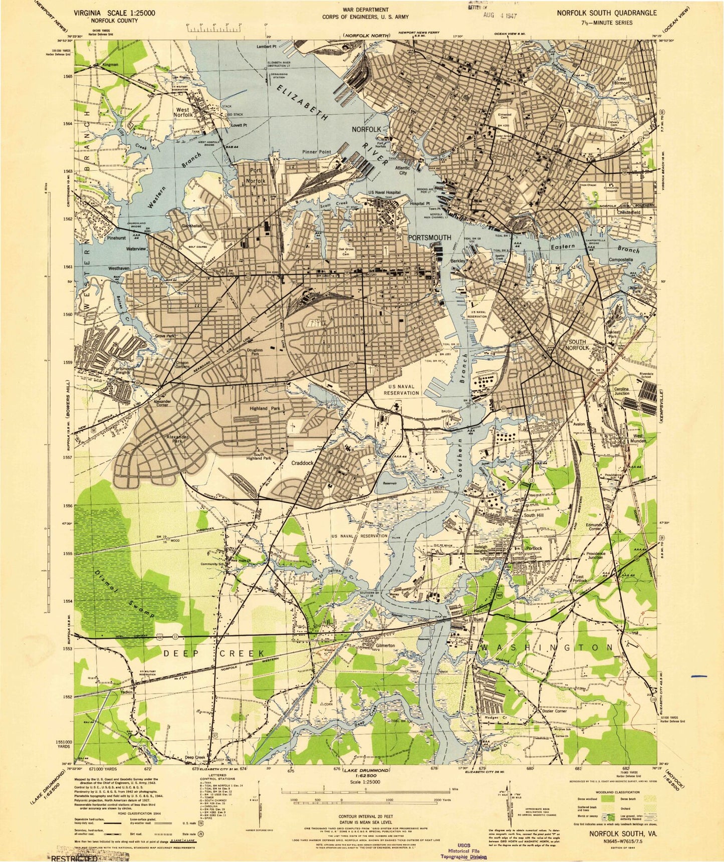Classic USGS Norfolk South Virginia 7.5'x7.5' Topo Map Image
