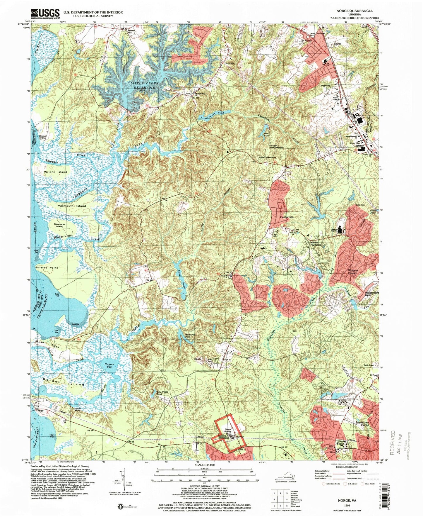 Classic USGS Norge Virginia 7.5'x7.5' Topo Map Image