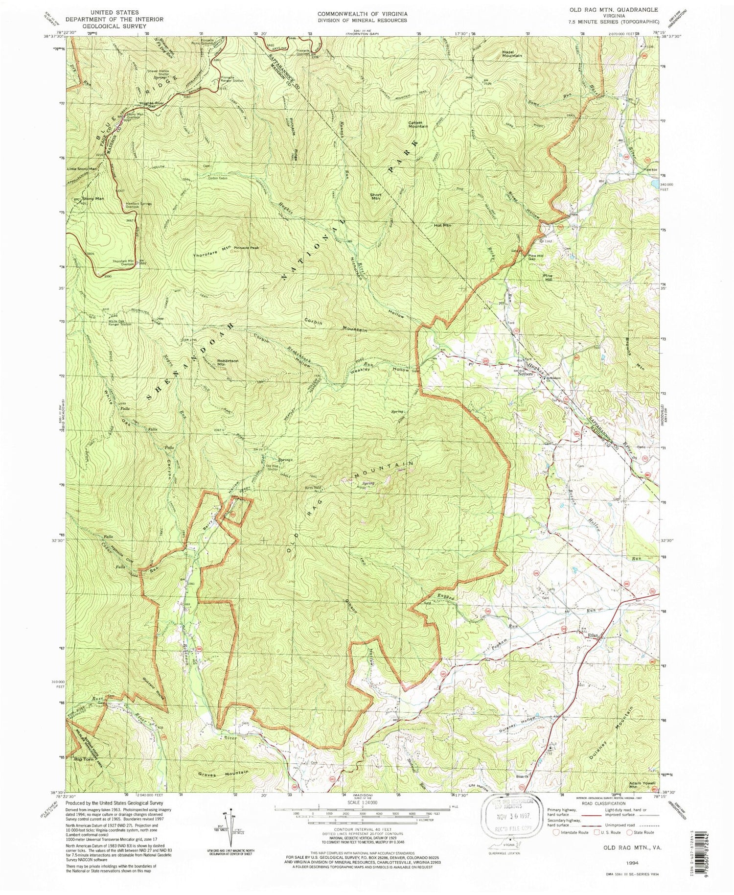 USGS Classic Old Rag Mountain Virginia 7.5'x7.5' Topo Map Image