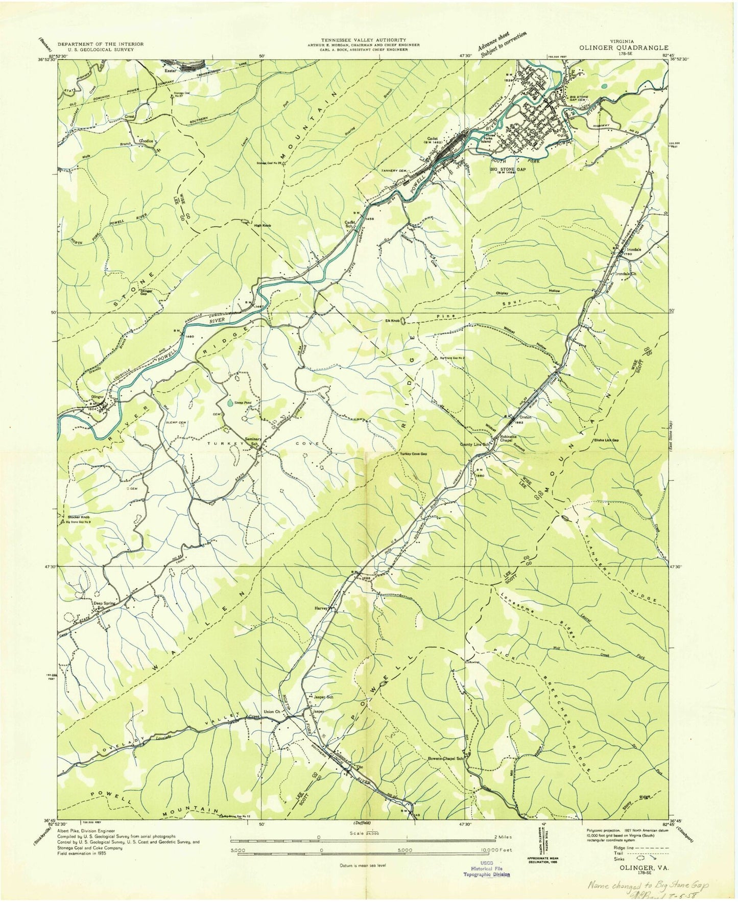 Classic USGS Big Stone Gap Virginia 7.5'x7.5' Topo Map Image