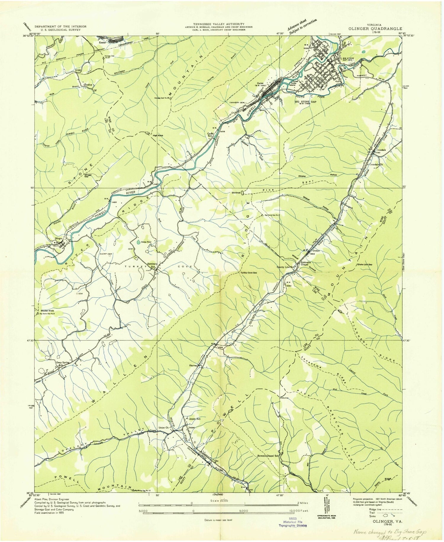 Classic USGS Big Stone Gap Virginia 7.5'x7.5' Topo Map Image