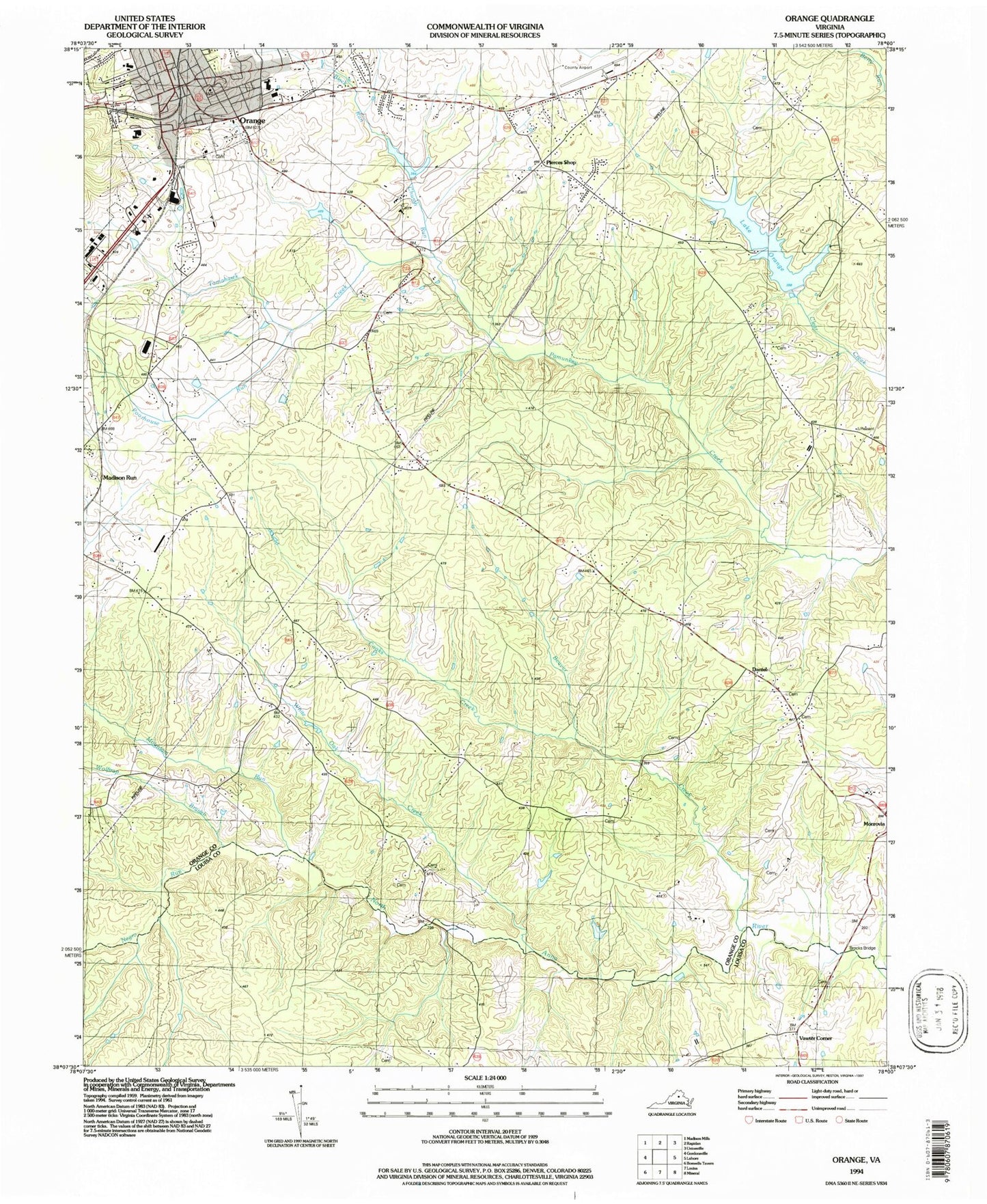 Classic USGS Orange Virginia 7.5'x7.5' Topo Map Image