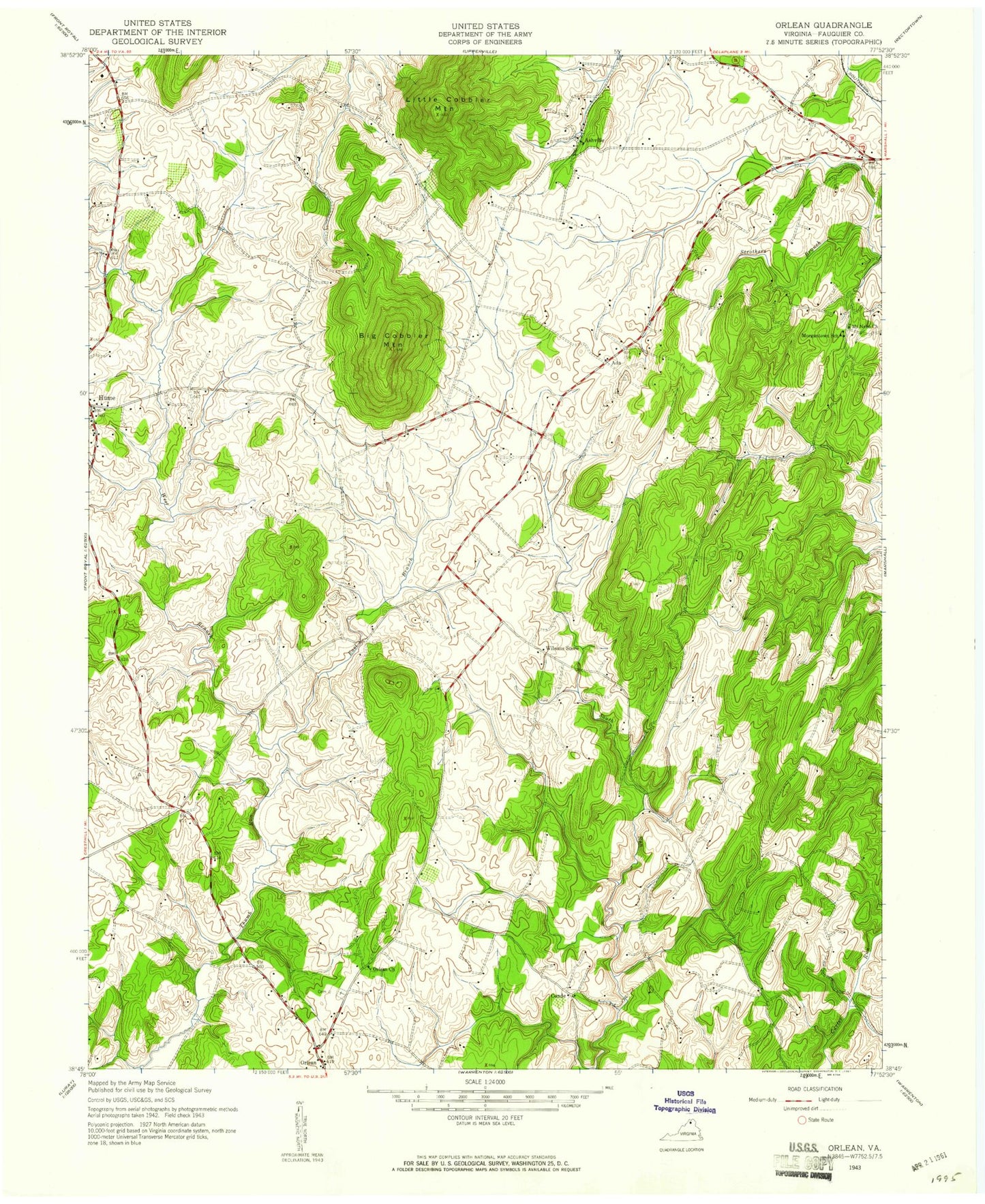 Classic USGS Orlean Virginia 7.5'x7.5' Topo Map Image