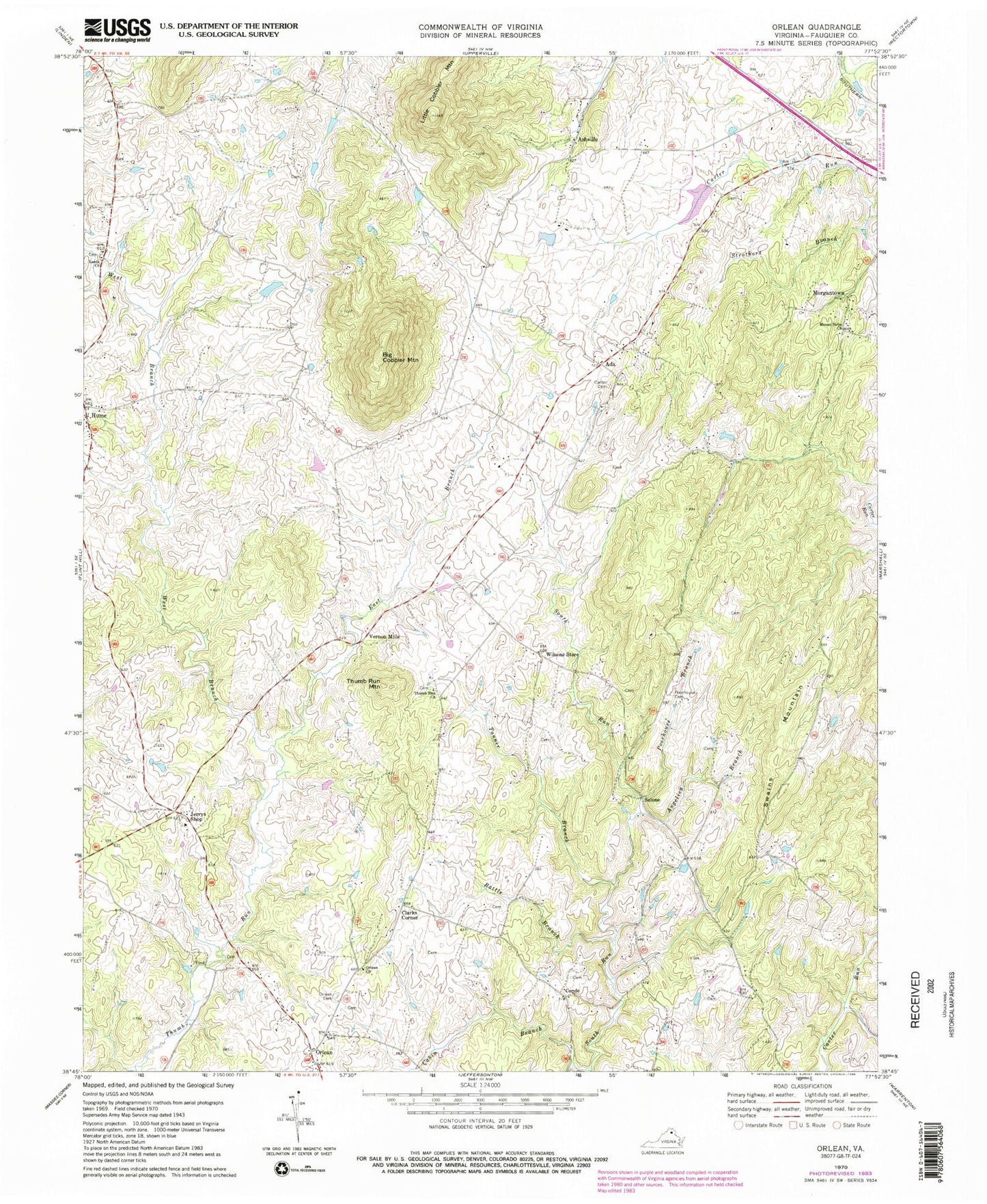 Classic USGS Orlean Virginia 7.5'x7.5' Topo Map Image