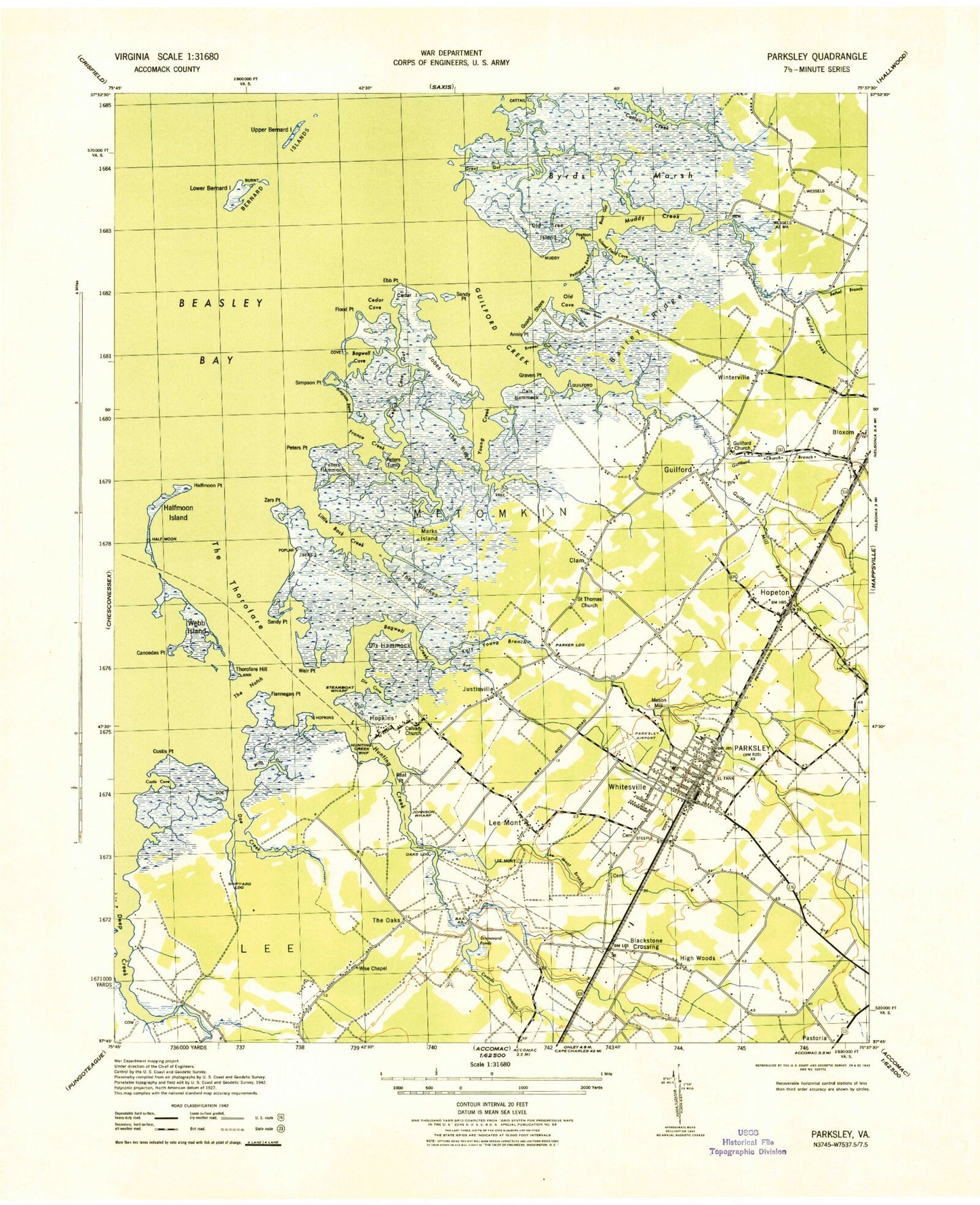 Classic USGS Parksley Virginia 7.5'x7.5' Topo Map Image
