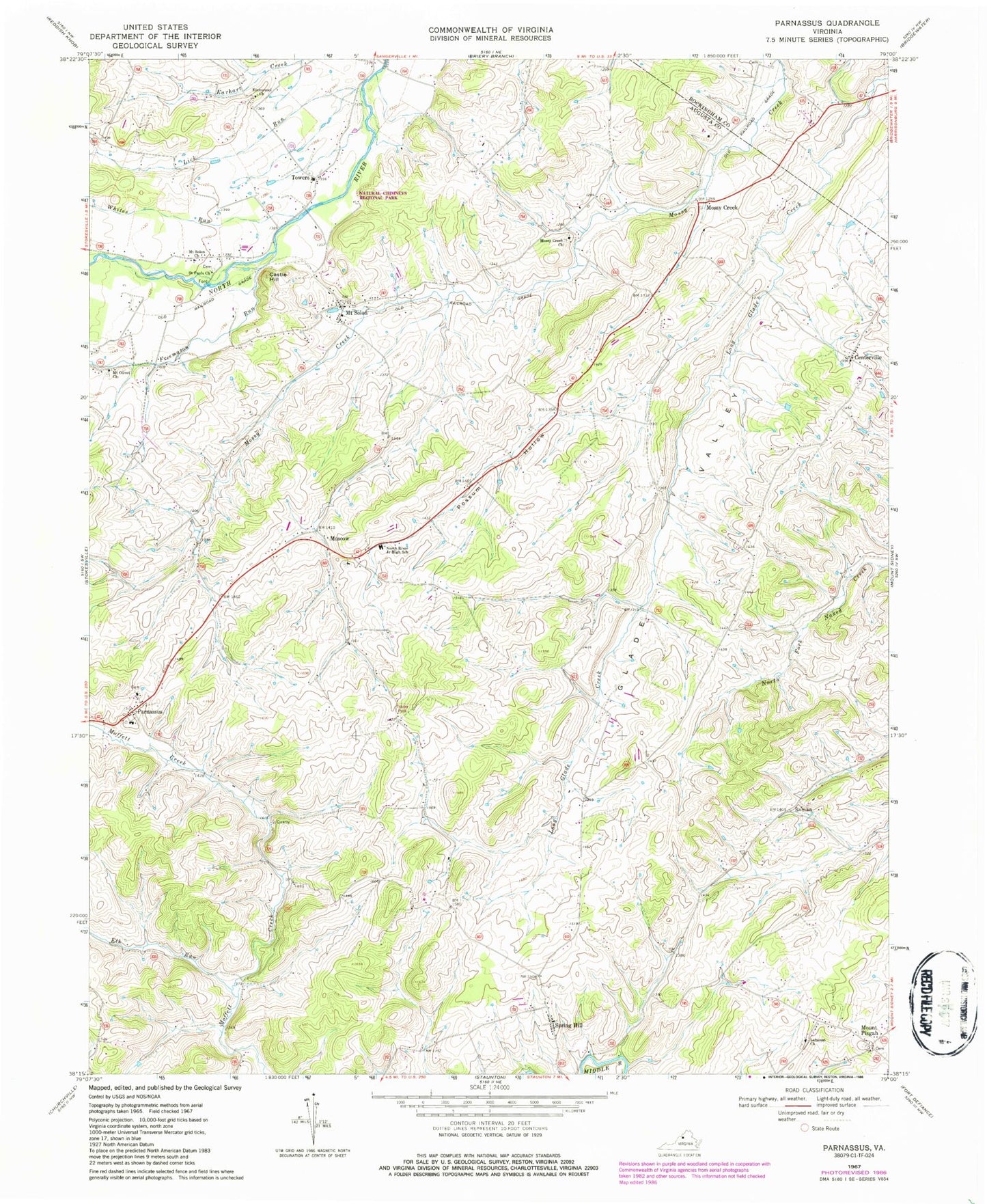 Classic USGS Parnassus Virginia 7.5'x7.5' Topo Map Image