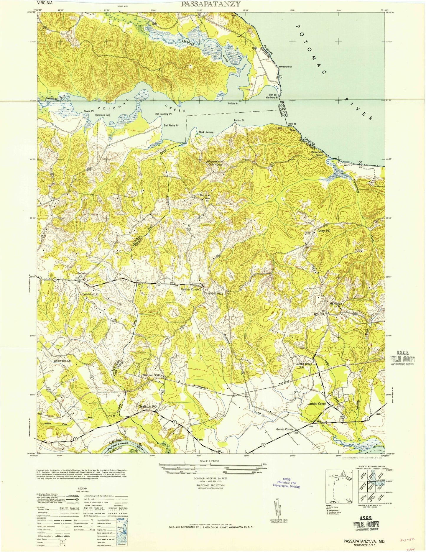 Classic USGS Passapatanzy Virginia 7.5'x7.5' Topo Map Image