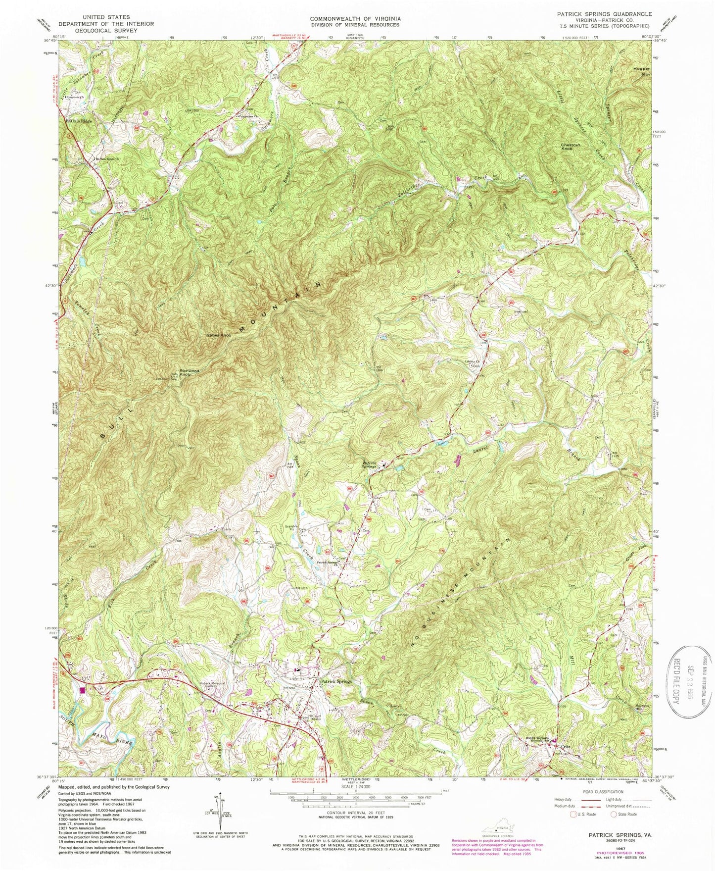 Classic USGS Patrick Springs Virginia 7.5'x7.5' Topo Map Image
