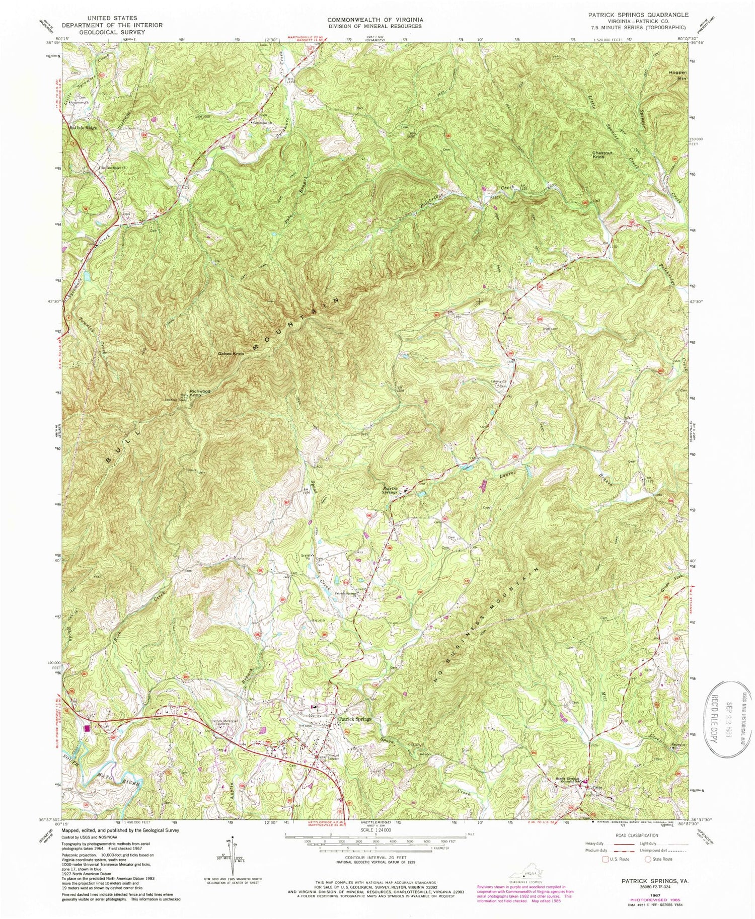 Classic USGS Patrick Springs Virginia 7.5'x7.5' Topo Map Image