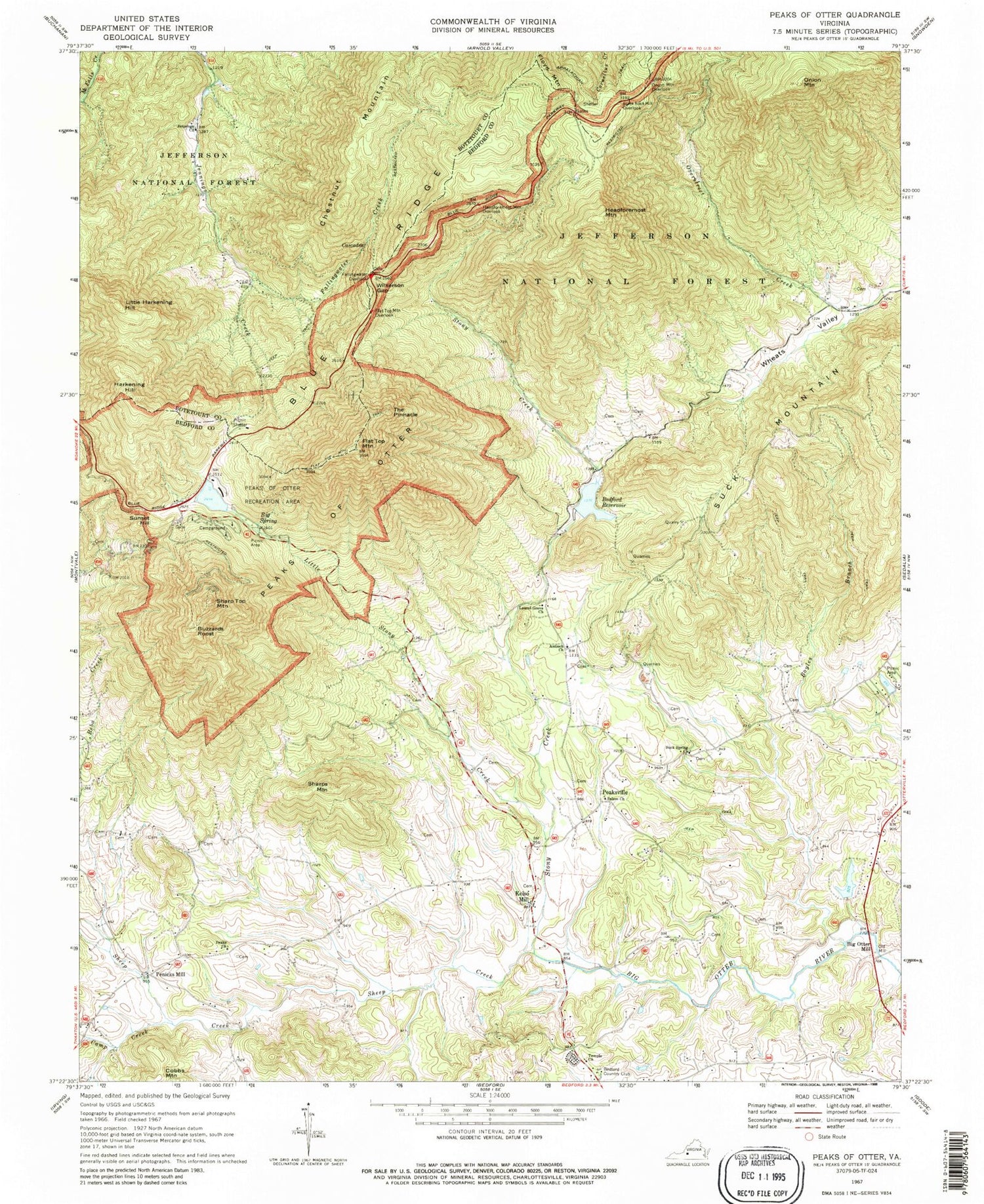 Classic USGS Peaks of Otter Virginia 7.5'x7.5' Topo Map Image