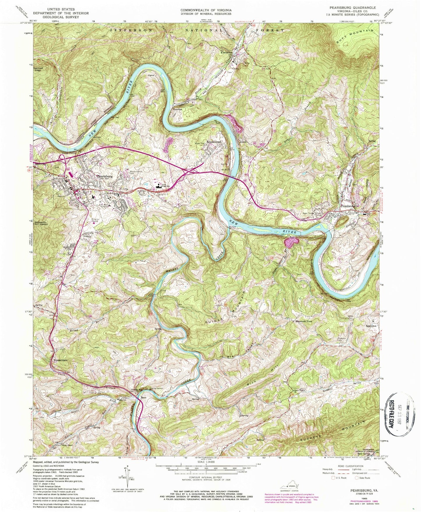 Classic USGS Pearisburg Virginia 7.5'x7.5' Topo Map Image