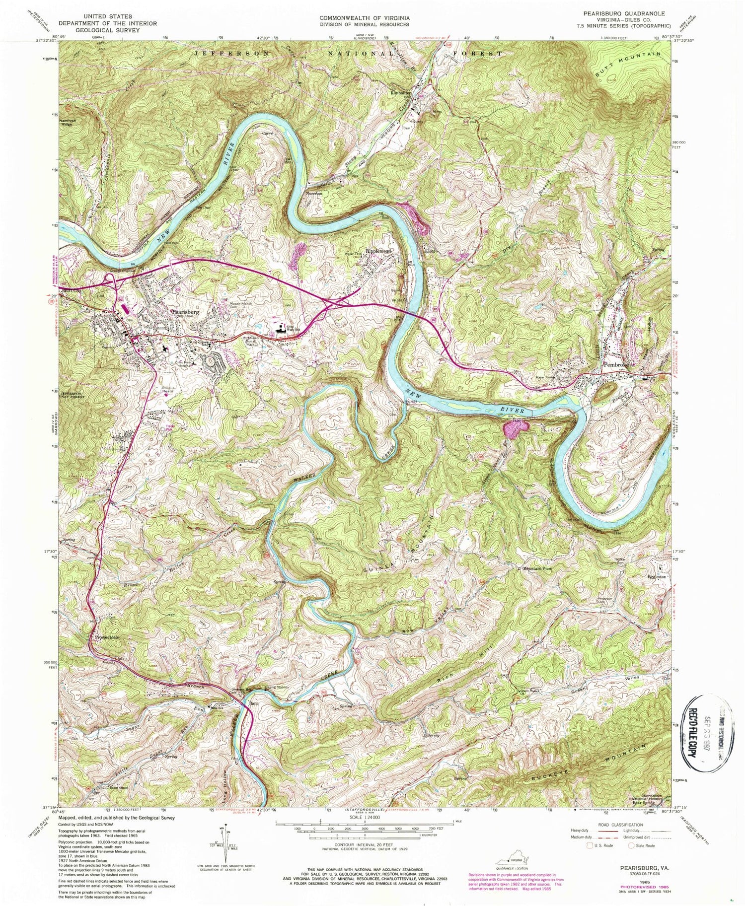 Classic USGS Pearisburg Virginia 7.5'x7.5' Topo Map Image