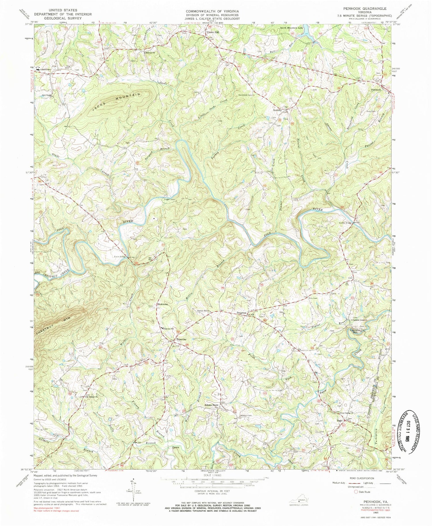 Classic USGS Penhook Virginia 7.5'x7.5' Topo Map Image
