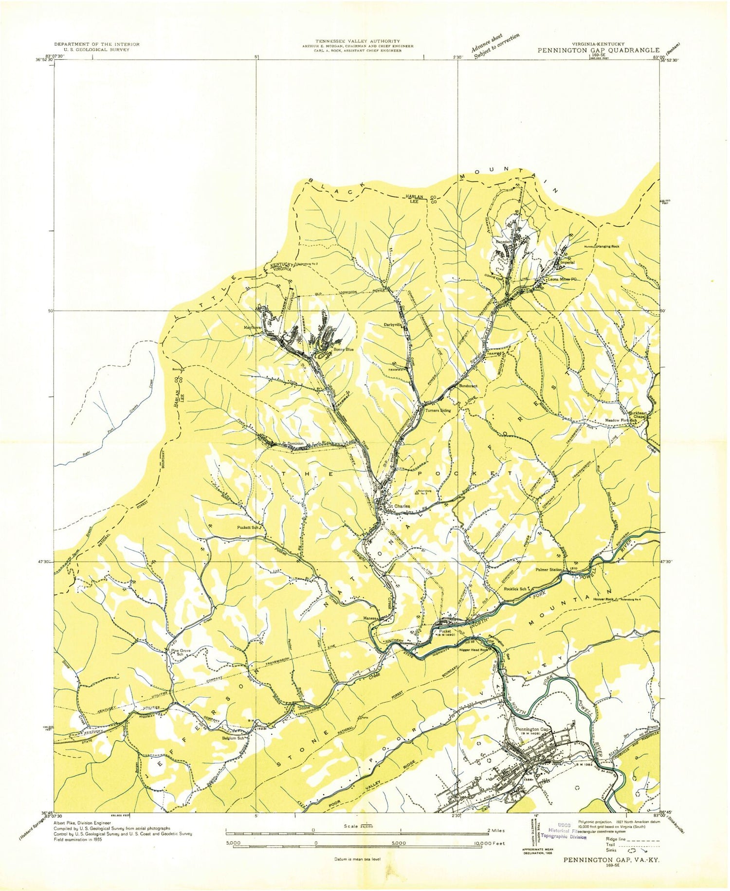Classic USGS Pennington Gap Virginia 7.5'x7.5' Topo Map Image
