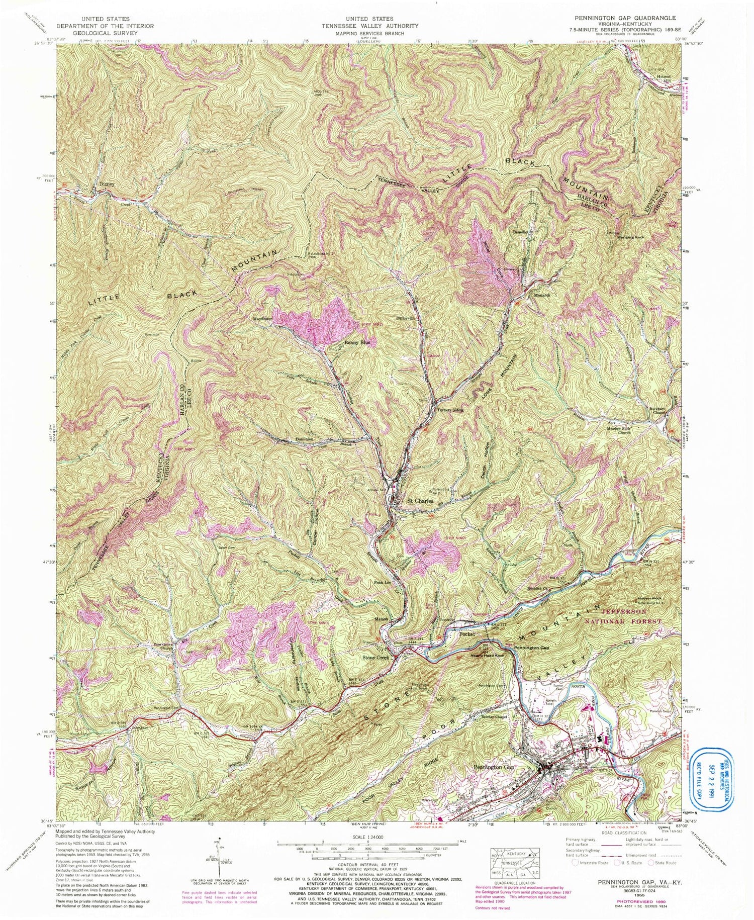 Classic USGS Pennington Gap Virginia 7.5'x7.5' Topo Map Image